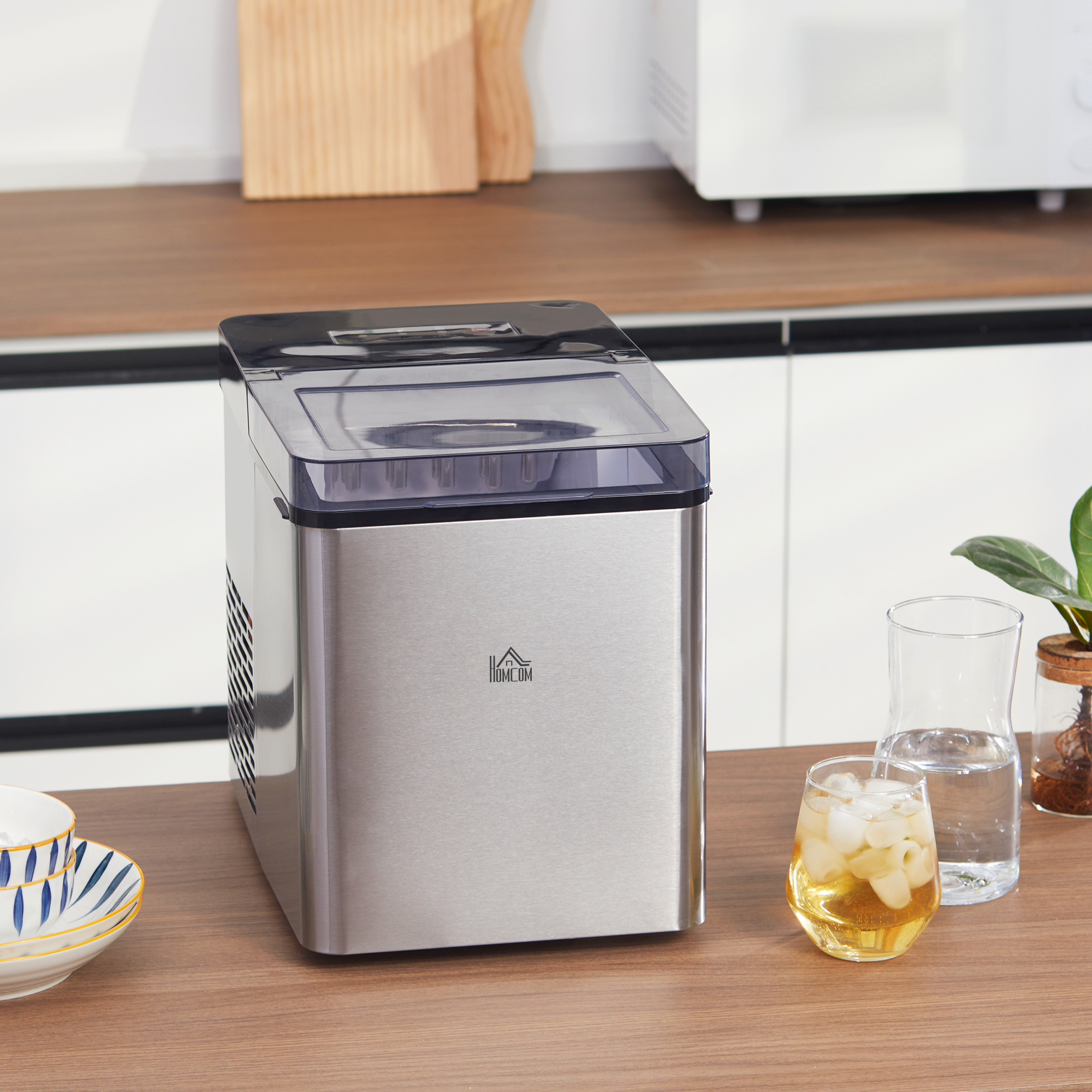 HOMCOM Eiswürfelmaschine, 2, 1 Liter Wasser, 15 kg in 24 h, Selbstreinigend, Weiß, inkl. Eiswanne + Eisschaufel