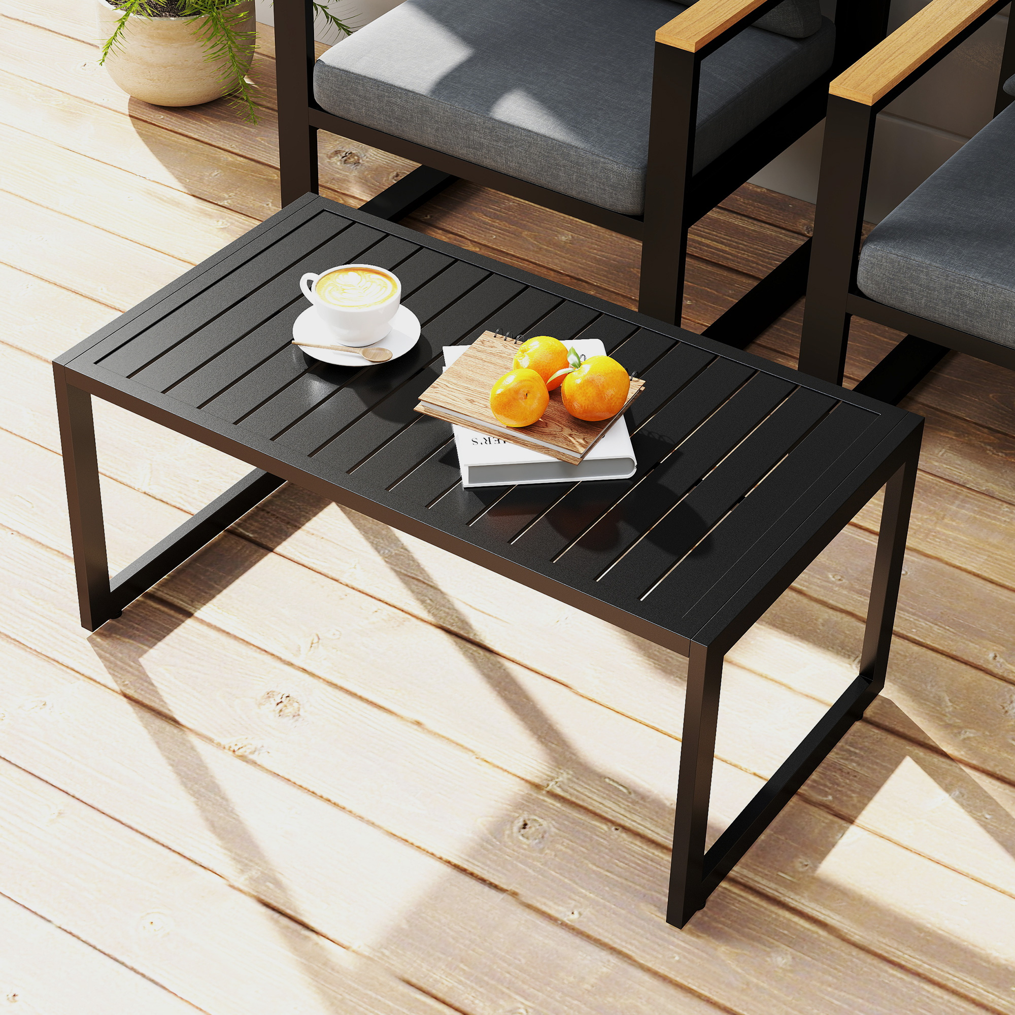 Outsunny Beistelltisch mit Latten-Design Balkontisch aus Aluminium Kaffeetisch wetterfest 90 x 50 x 42 cm Schwarz