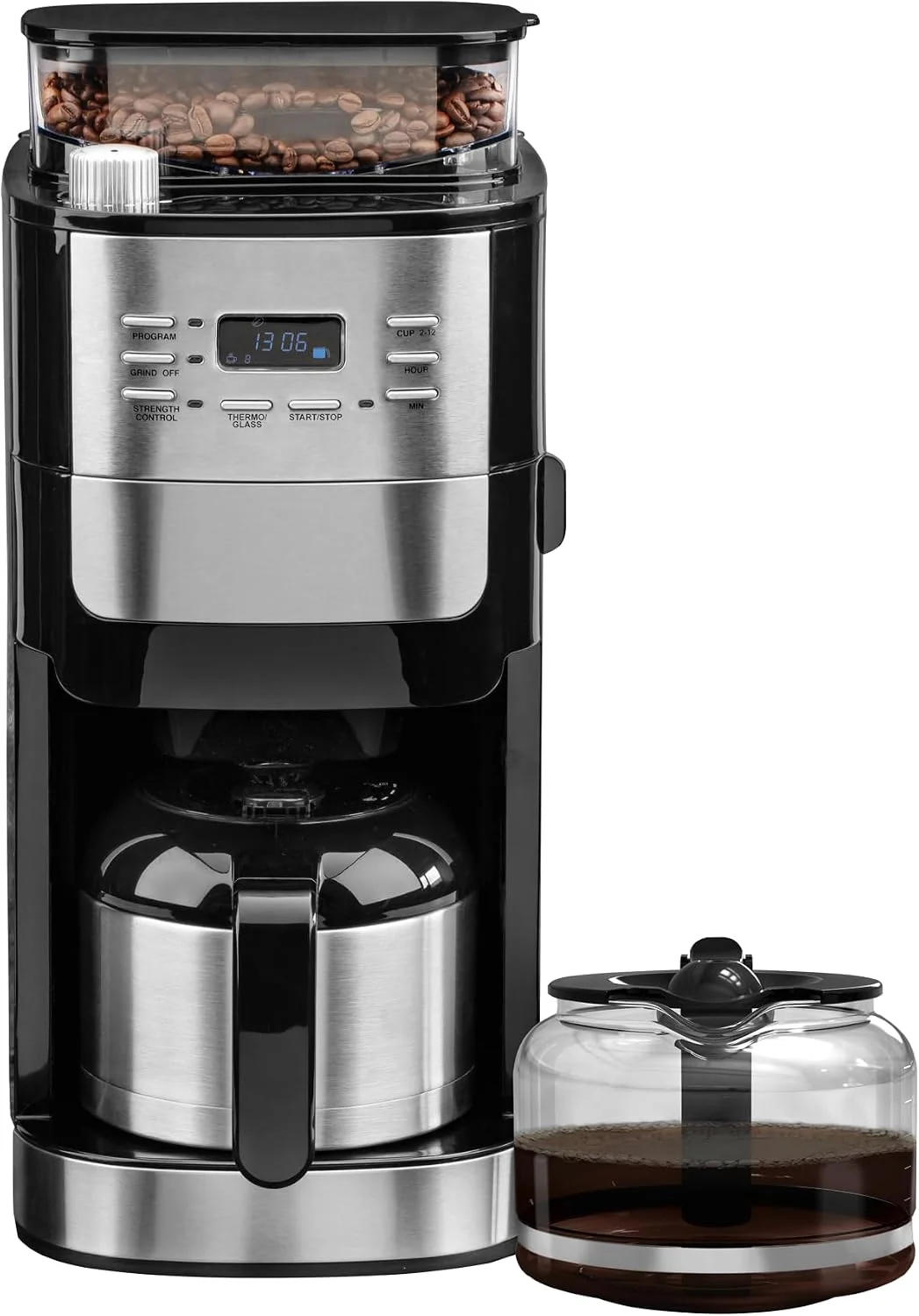 Filter-Kaffeemaschine mit Mahlwerk & Thermoskanne (2 in 1 Set), 1050W Kaffeemaschine für Ganze Bohnen & Pulver, 12 Tassen, 24h Timer, Edelstahl