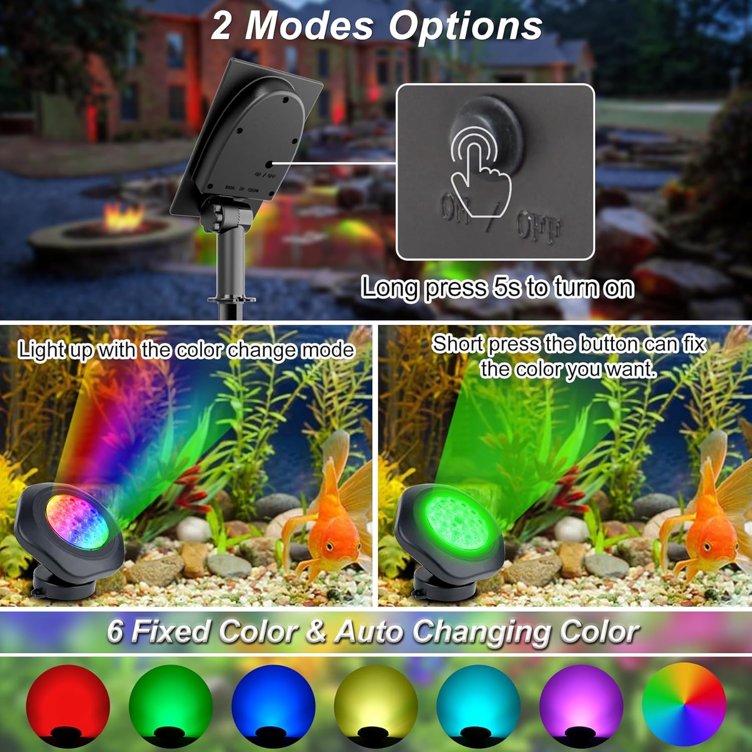 Solar-Teichleuchten für den Außenbereich, Landschafts-Spot, Unterwasser-Teichlicht, LED, RGB-farbig, IP68, wasserdicht, Brunnenlicht für Garten, Hof, Rasen, Weg (5 Stirnlampen)