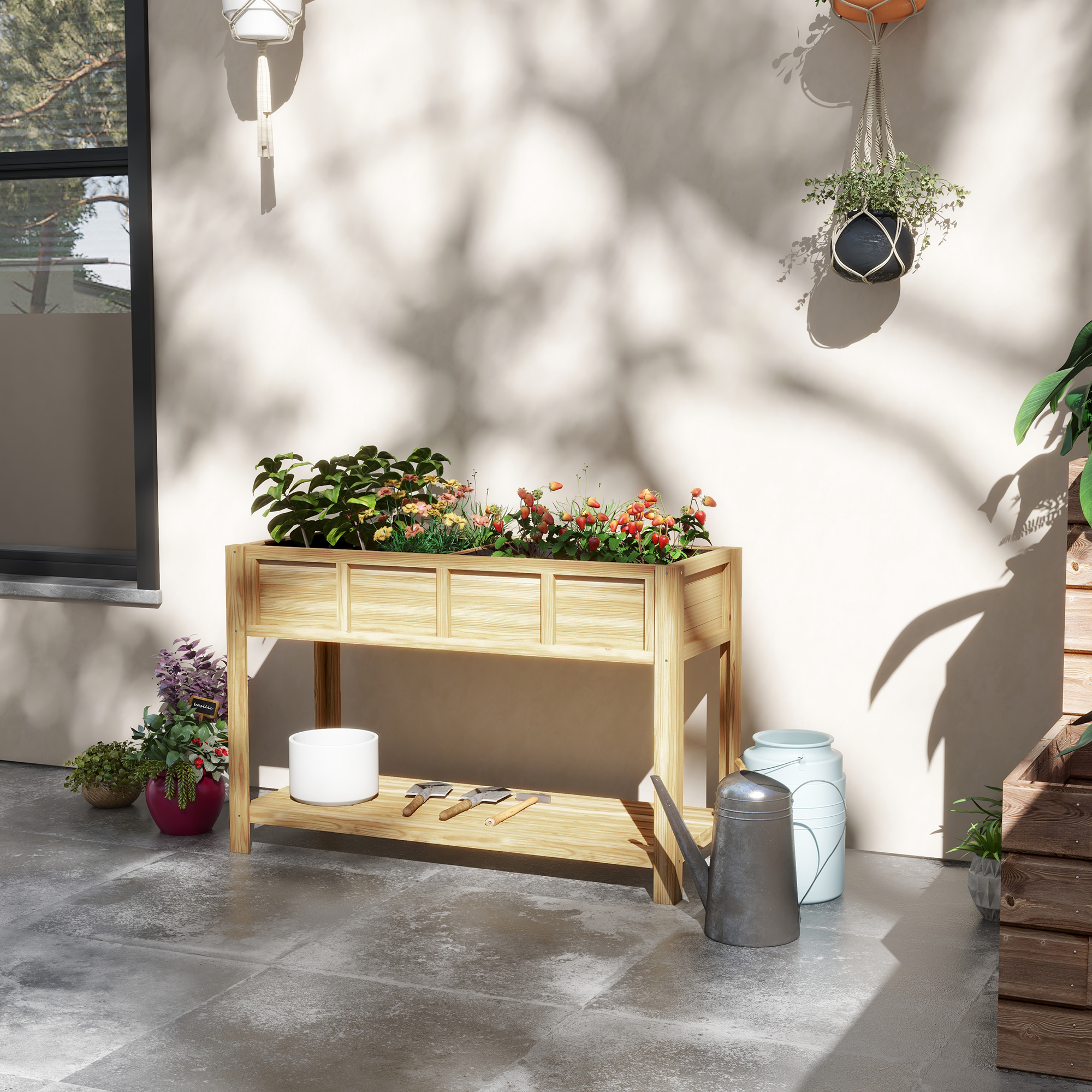Outsunny Hochbeet auf Beinen mit herausnehmbarem Trenner, Regal, Bewässerungseinsätzen, Drainagefilz 115L x 46B x 75H cm