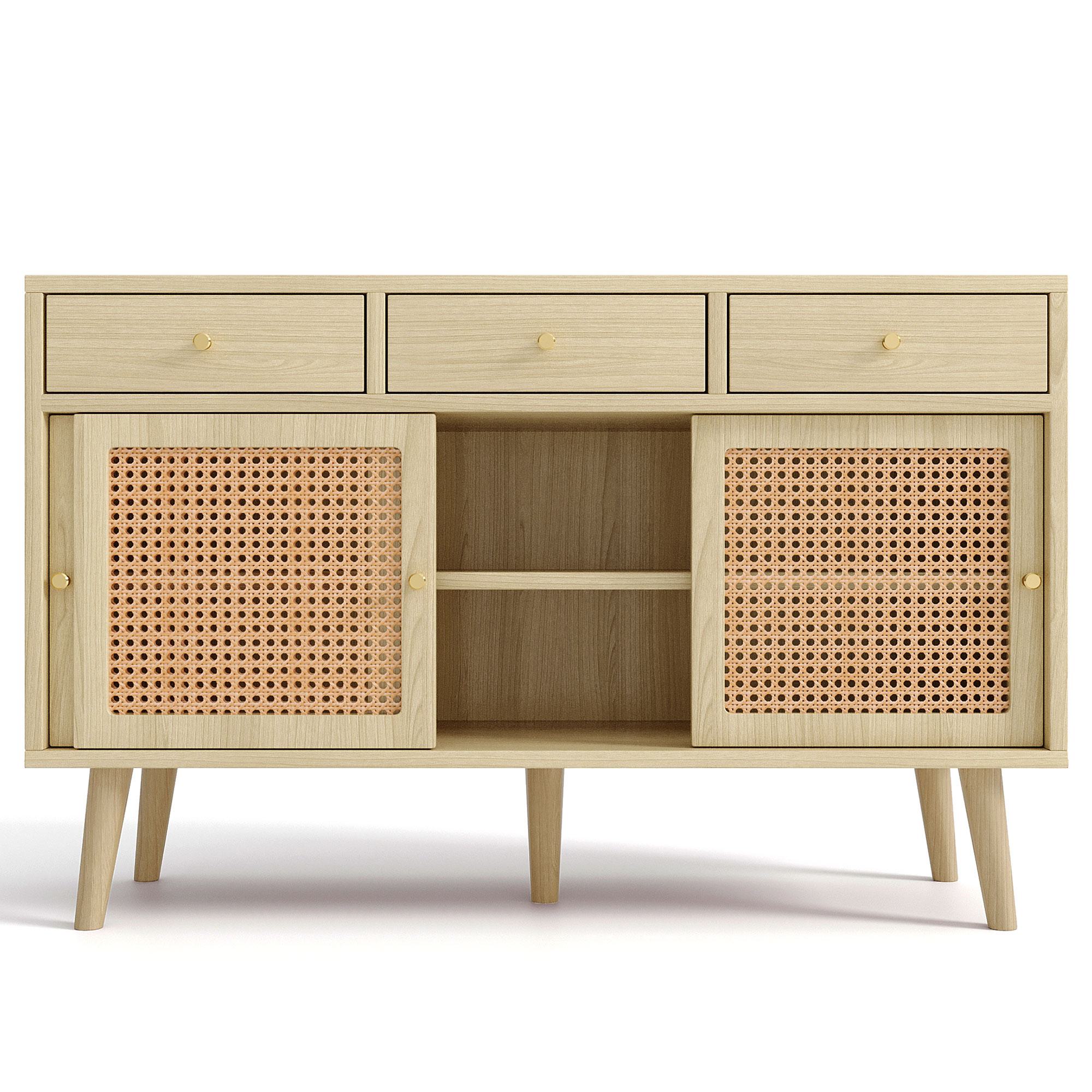 Sideboard mit 3 Schubladen und 3 Schiebetüren, Rattangeflecht, 120×40×78 cm, Naturfarbe