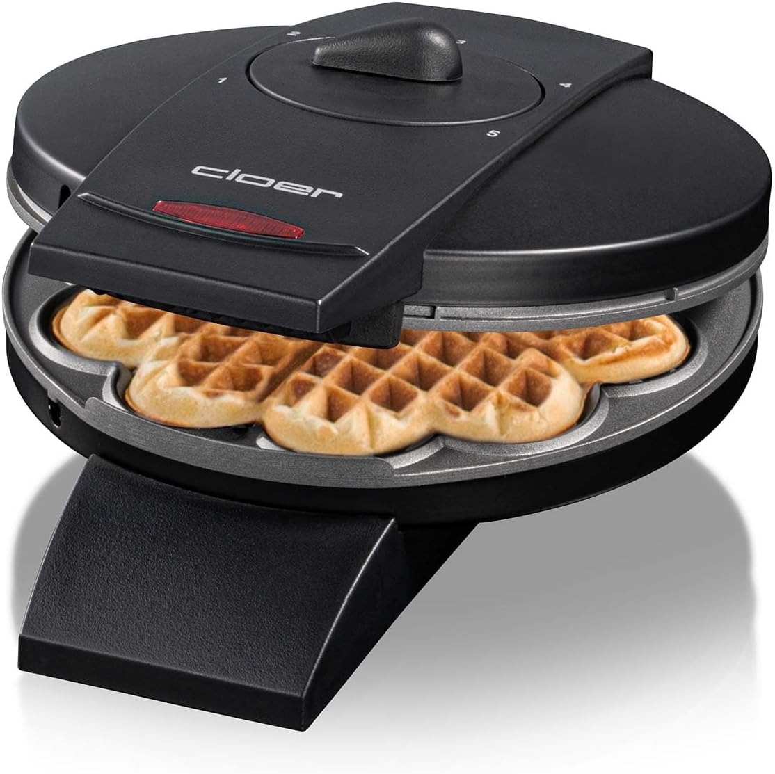 Cloer 1620 Piastra per Waffle a Cuore, 930 W, dimensione di cialda 15,5 cm, grado di doratura selezionabile, spia di controllo, corpo in metallo verniciato nero [Classe di efficienza energetica A]