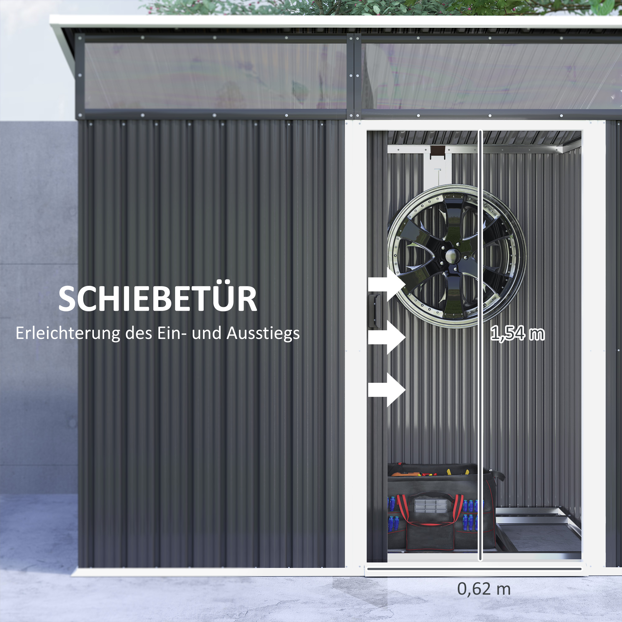 Outsunny Tuinschuur, Gereedschapsschuur met Vensters, Ventilatieopeningen, Schuifdeur, Waterdicht Staal, Weerbestendig, Donkergrijs