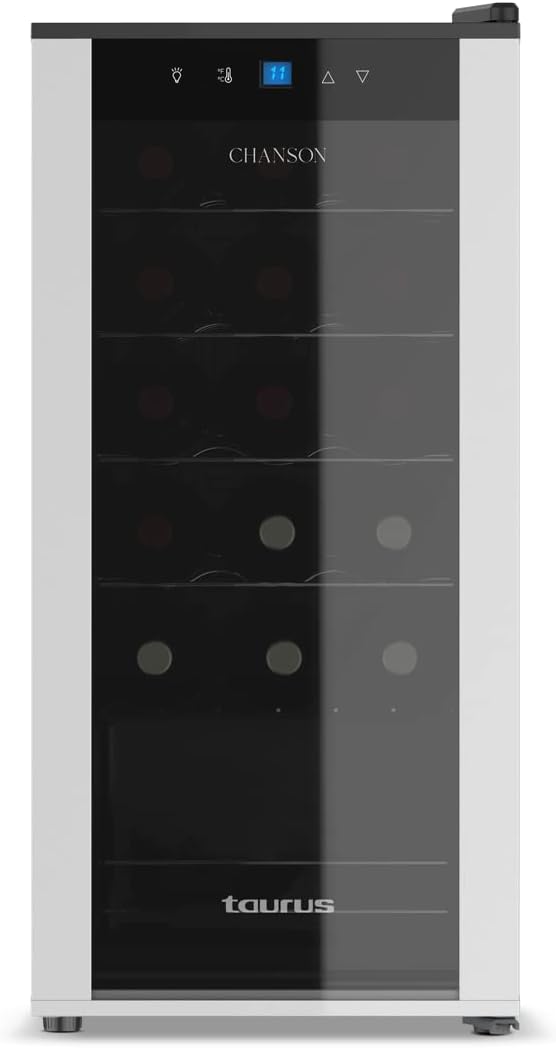 Taurus WC24C - Cantinetta vino da 24 bottiglie, silenziosa, non vibra, isolamento speciale dell'interno, porta in vetro, temperatura regolabile, luce interna, nero