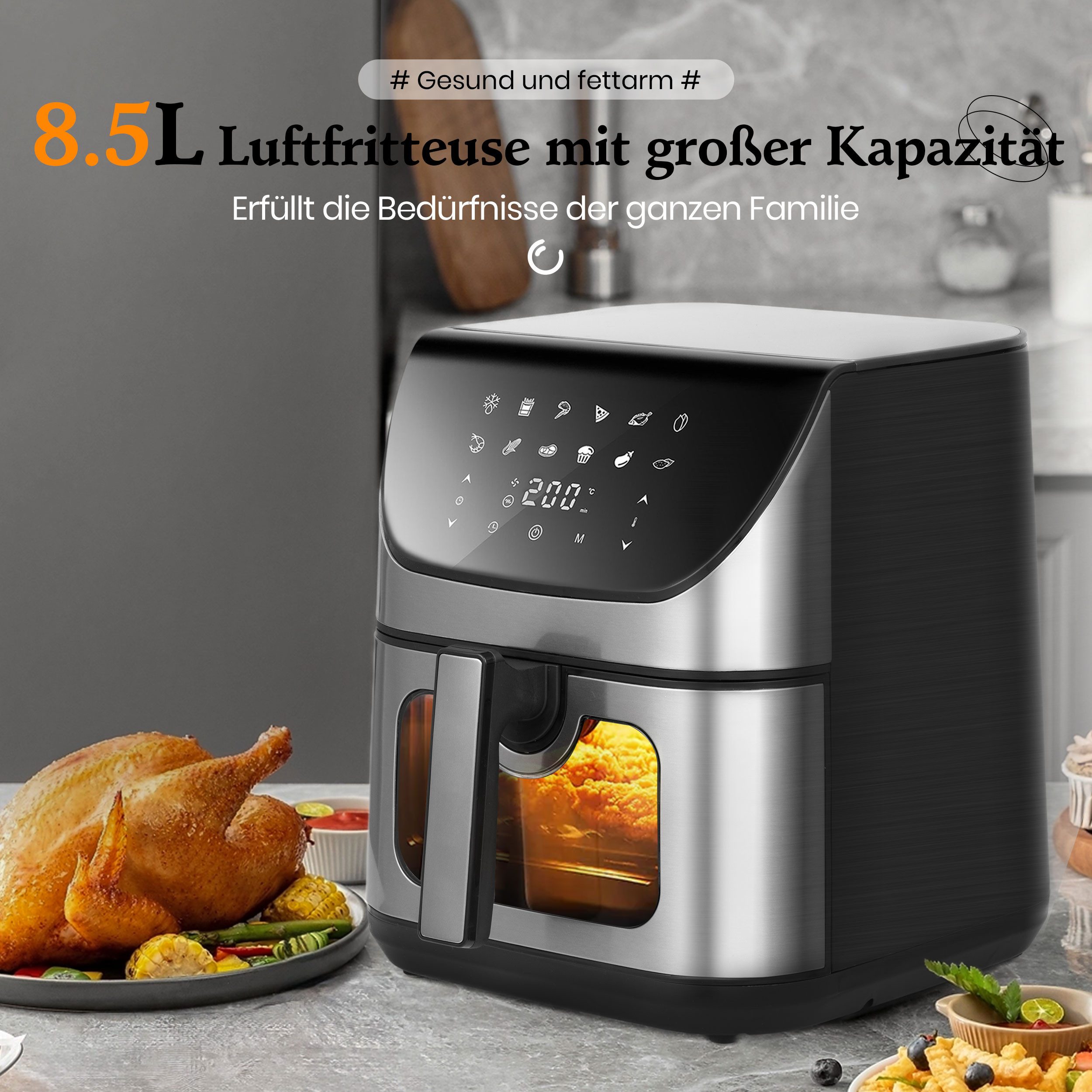 Heißluftfritteuse 8.5 L Airfryer – 1800 W, Sichtfenster & LED-Display für fettarmes Kochen