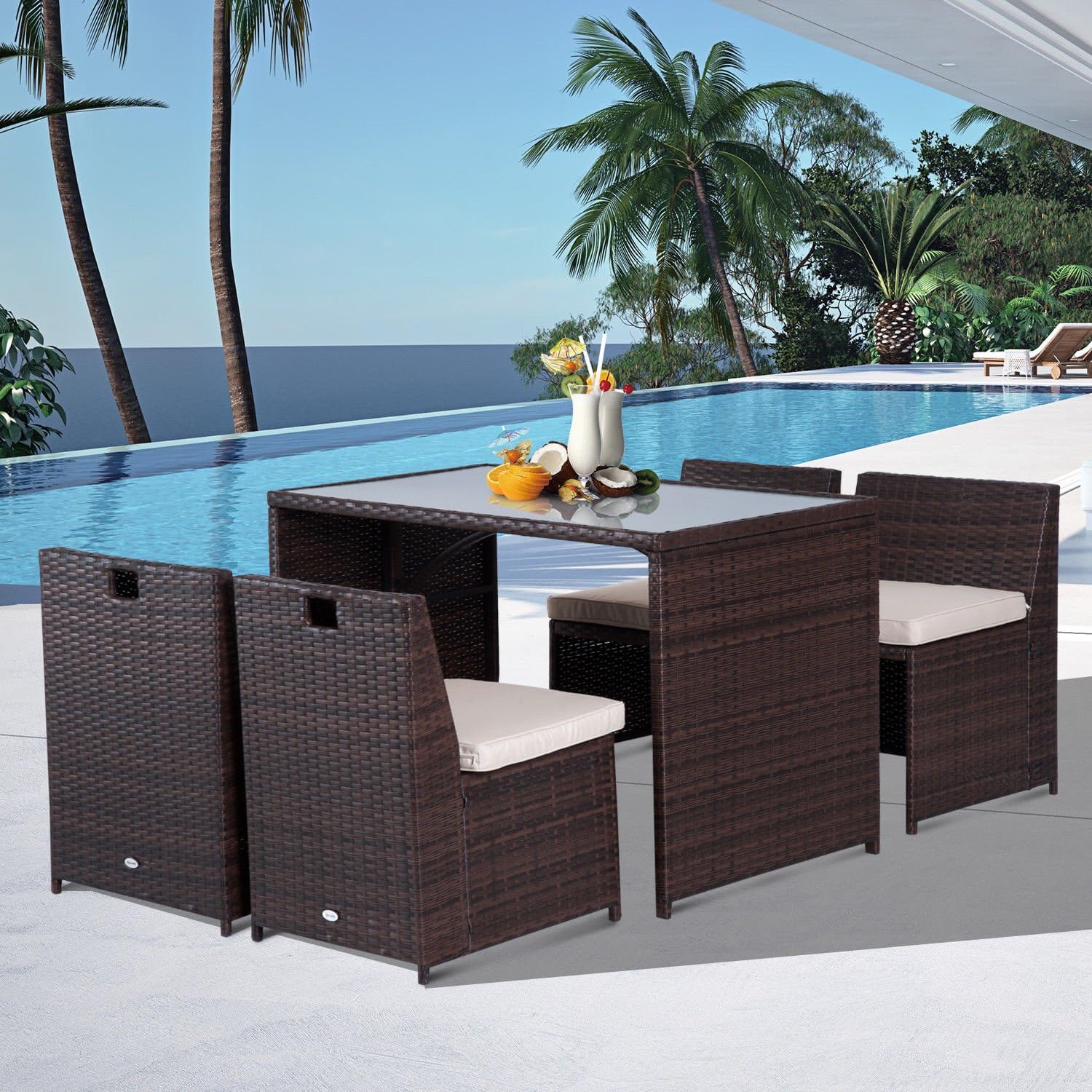Outsunny Set Mobili da Giardino in Rattan 5pz Tavolo Pranzo 4 Sedie con Cuscini