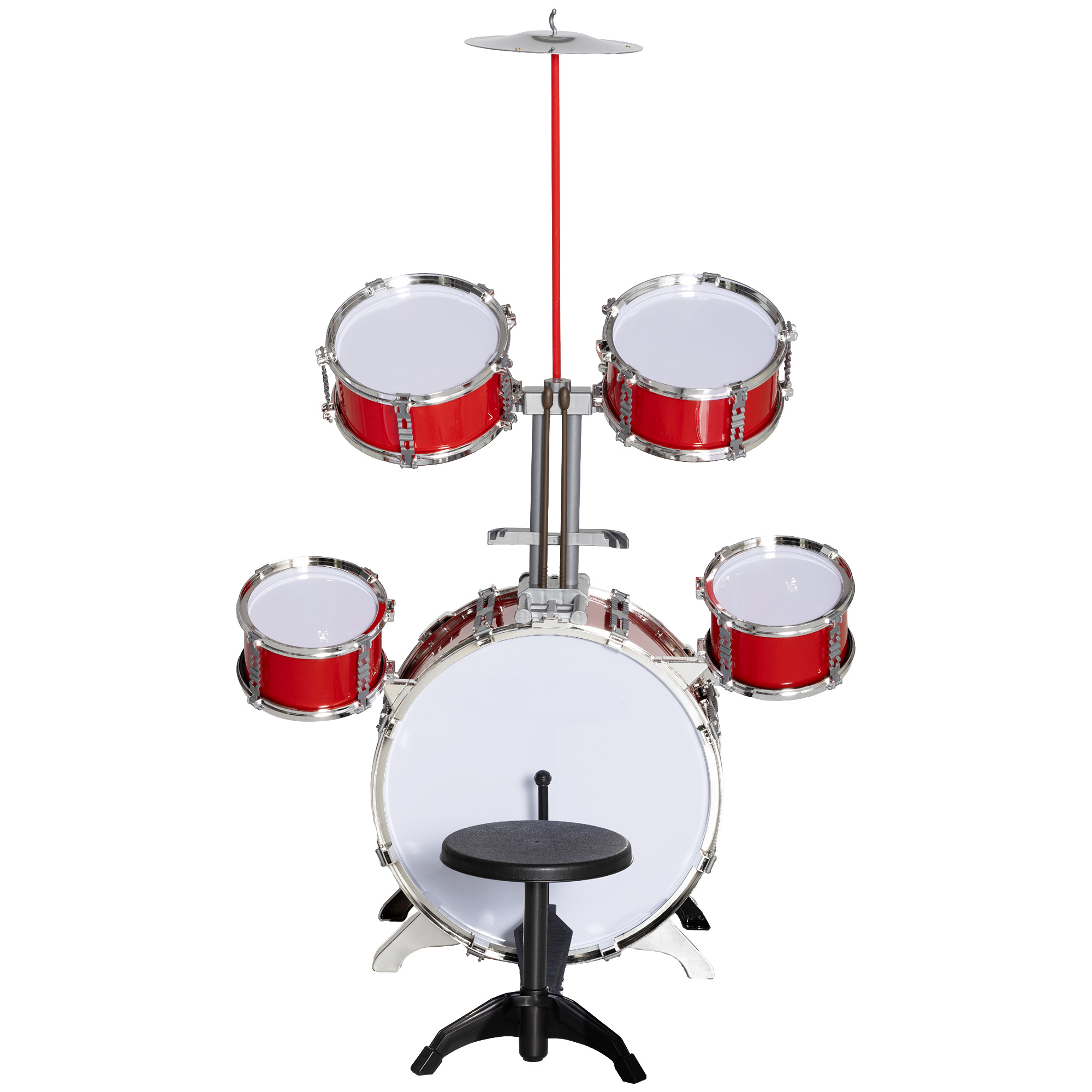 AIYAPLAY Set Batteria per Bambini da 5 Pezzi mit Grancassa mit Pedale, Trommeln, Becken und Hocker, Alter 3-6 Jahre, Rot