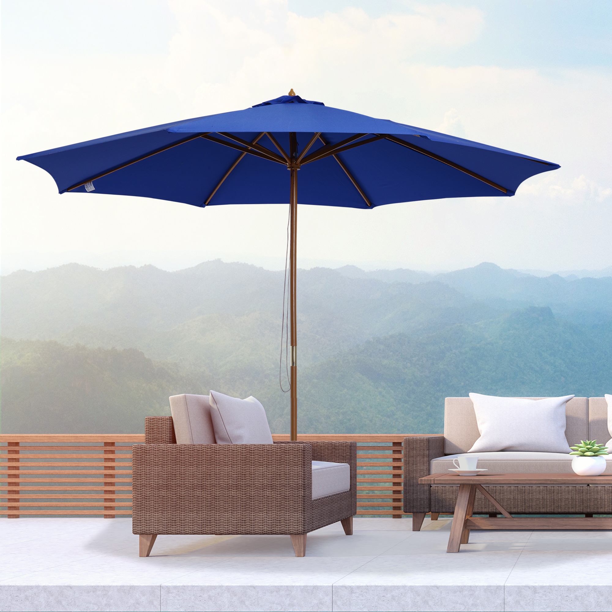 Outsunny Sonnenschirm Gartenschirm , wetterbeständig, Bambus, 300 cm x 300 cm x 250 cm, Blau + Natur