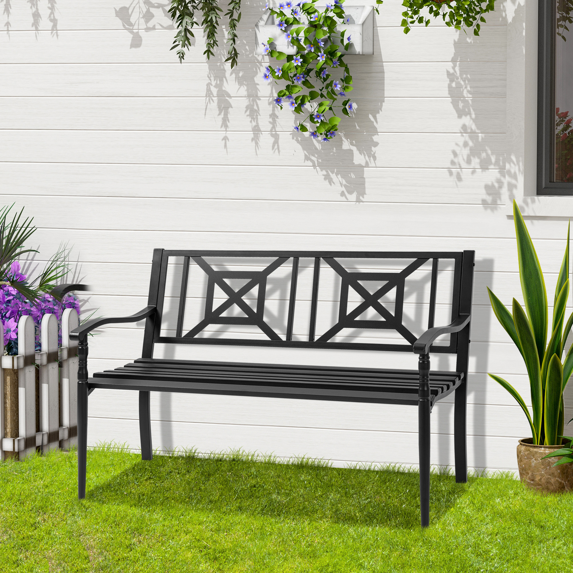 Outsunny Schwarze Gartenbank aus Stahl für 2 Personen mit hoher Rückenlehne und Armlehnen, 128x62,5x81,5 cm