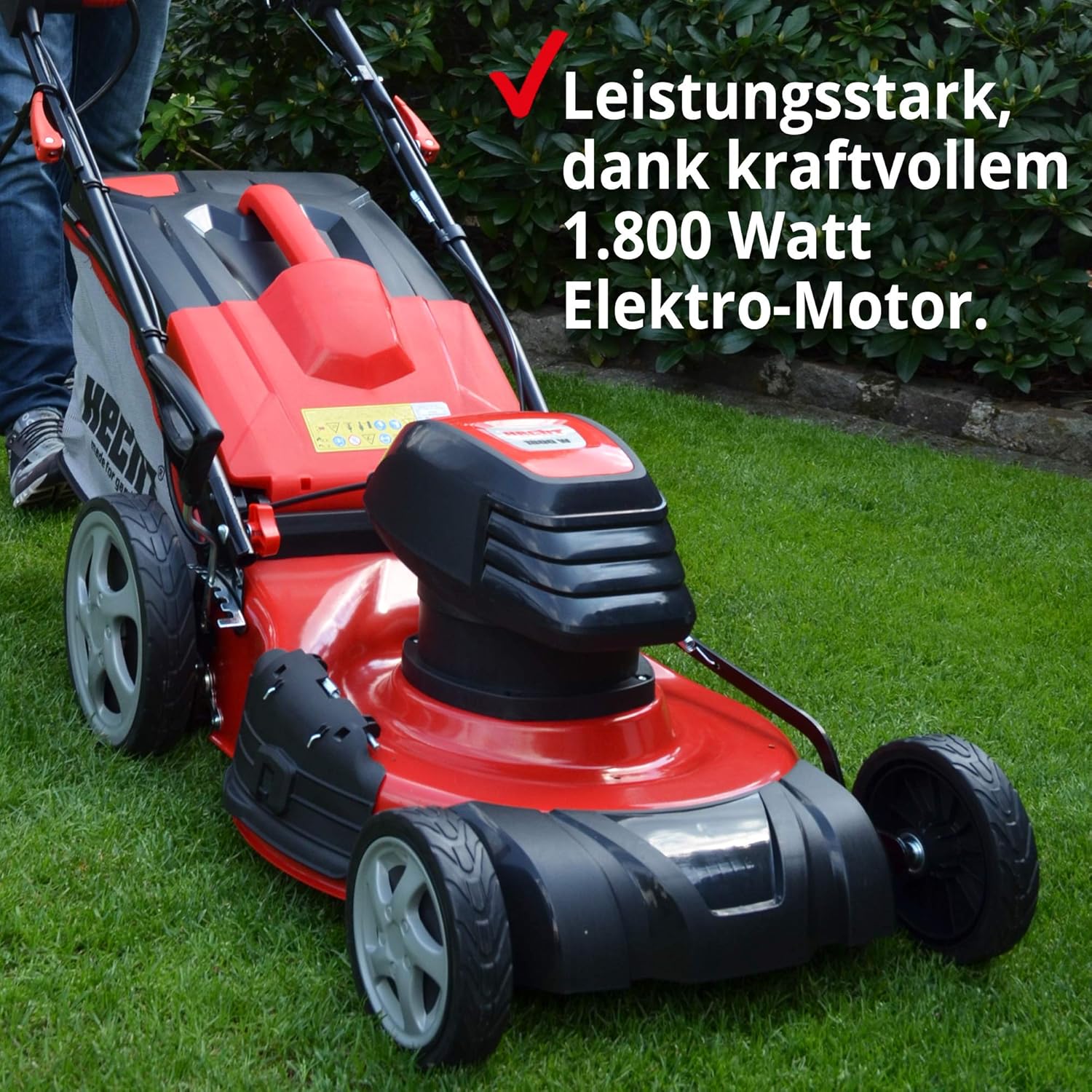 HECHT 5-IN-1 Elektro Rasenmäher mit 1.800 Watt Motor, 46 cm Schnittbreite, Radantrieb, Mulchfunktion, zentrale 7-Fach Schnitthöheneinstellung und 50 Liter Fangkorb für einen schön gepflegten Rasen