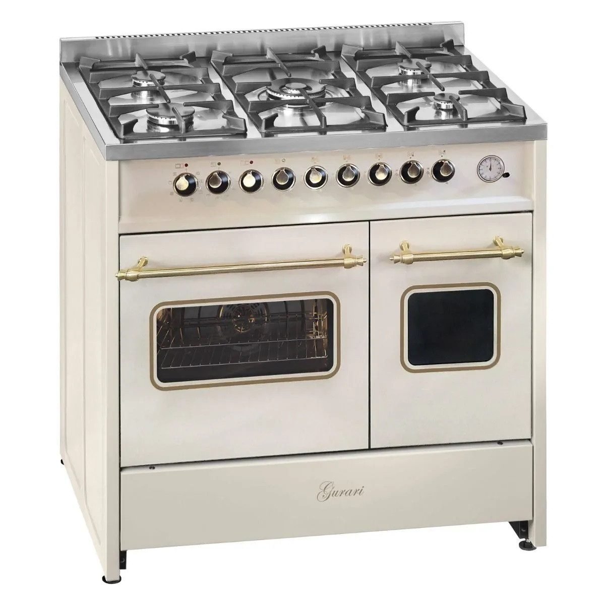 Gas-Standherd Retro-Design Creme Gas Elektro Standherd 90 cm Range Coocker mit Dunstabzugshaube 90cm 1000m³/h GCH E 916 Cr R+GCH C 046 BG 9.
