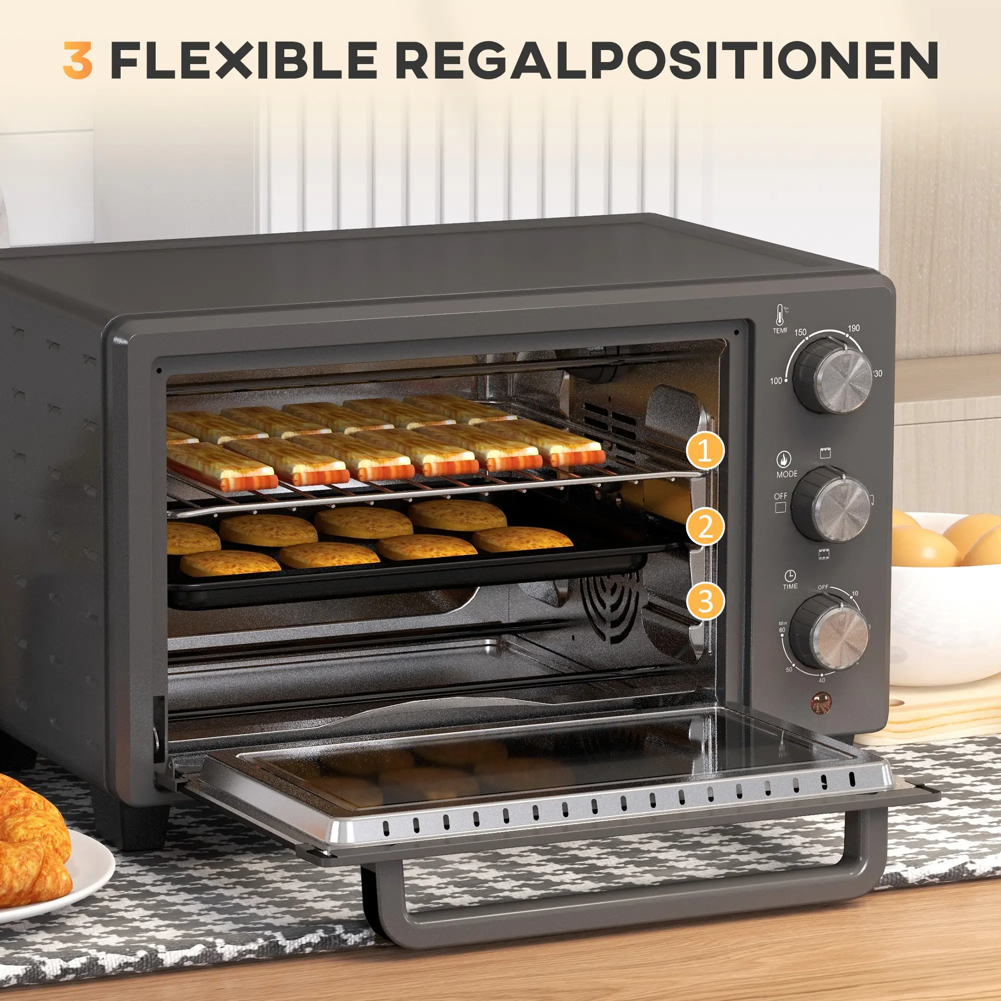 HOMCOM Mini-oven veelzijdig koken precieze temperatuurregeling roestvrij staal