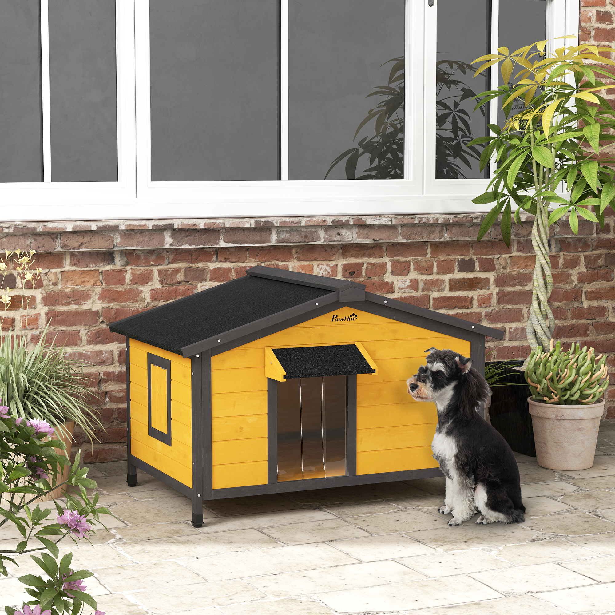 PawHut Hundehaus für Draußen mit Klappbarem Asphaltdach Fenstern und herausnehmbarer Basis 97x72x65 cm Naturholz