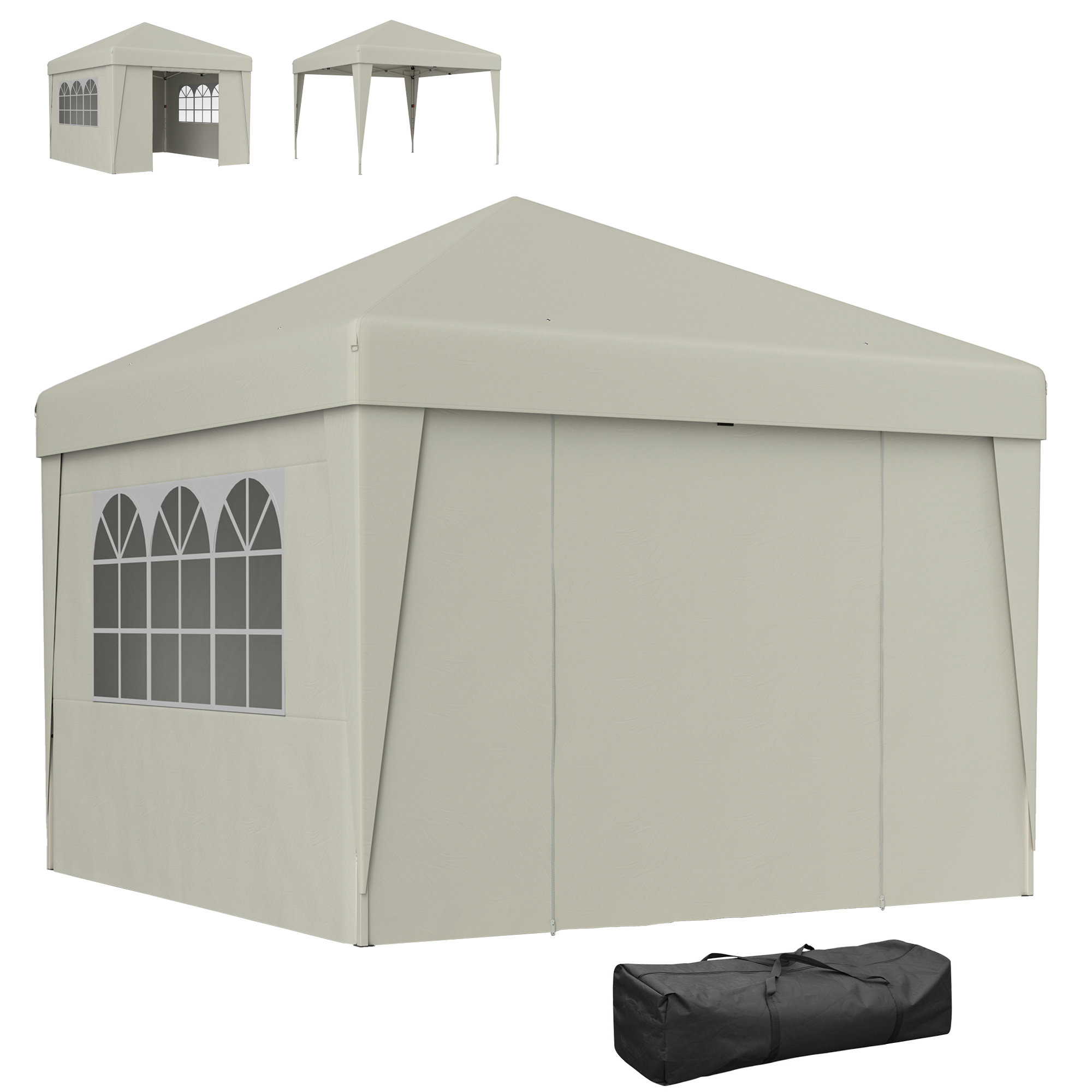 Outsunny Faltbarer Gartenpavillon 3 x 3 x 2,75 m UV-Schutz 30 + mit Fenstern Seitenwänden Transporttasche Creme