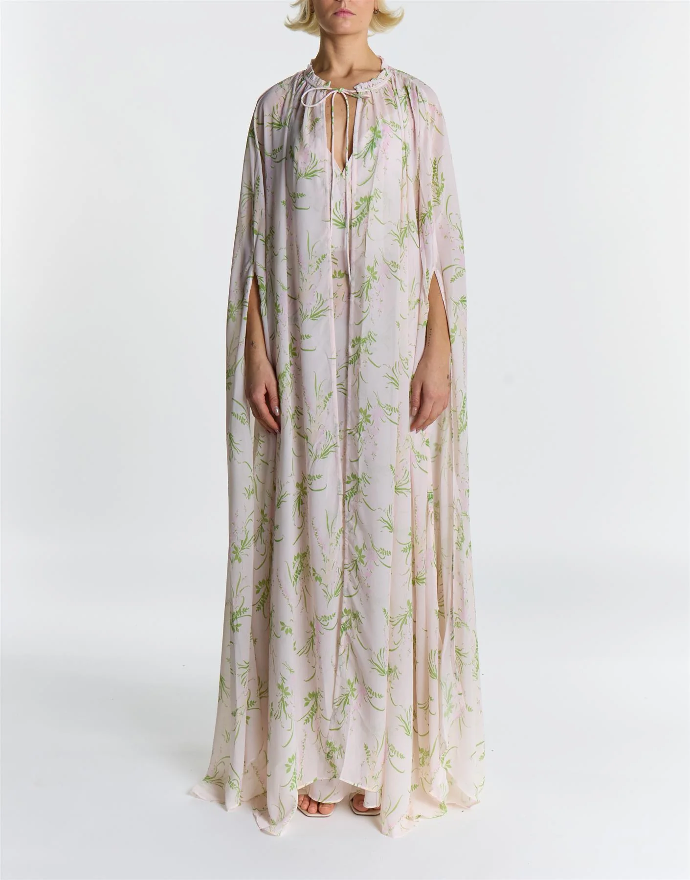 Armani Pink Stem Floral Print Cape Maxi Dress