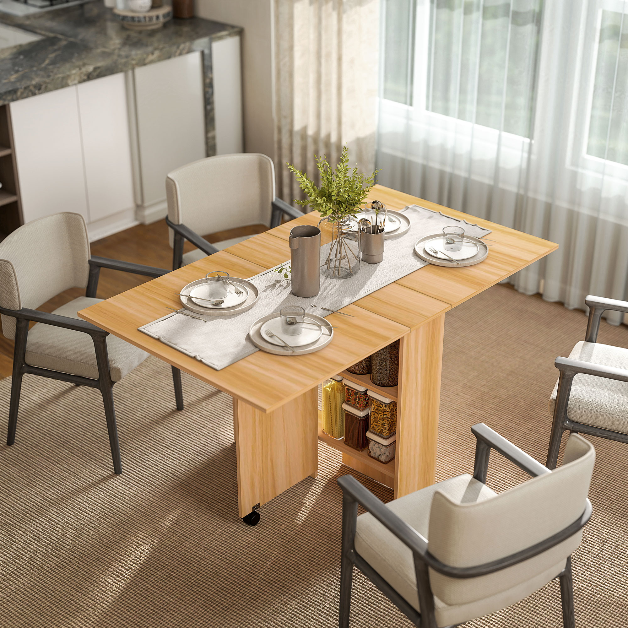 HOMCOM Klapptisch Esszimmertisch Beistelltisch mobiler Tisch klappbarer Küchentisch Schreibtisch Beistelltisch Ablagefläche mit Rollen Natur 140 x 80 x 74 cm