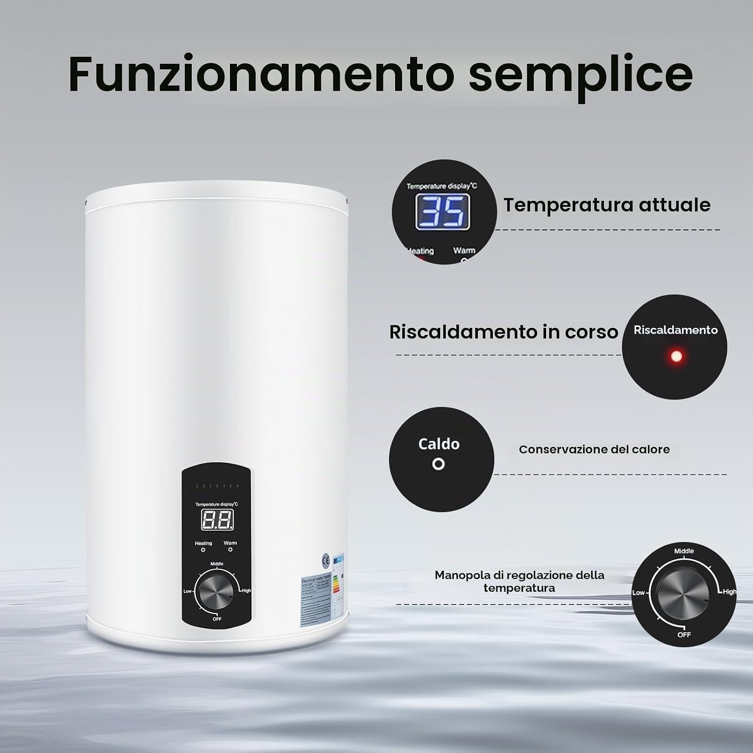 Scaldabagno elettrico verticale da 50 l, 2000 W, Boiler Elettrico, Scaldacqua Elettrico, Scalda Acqua Istantanea, regolabile da 220 V, per cucina e bagno