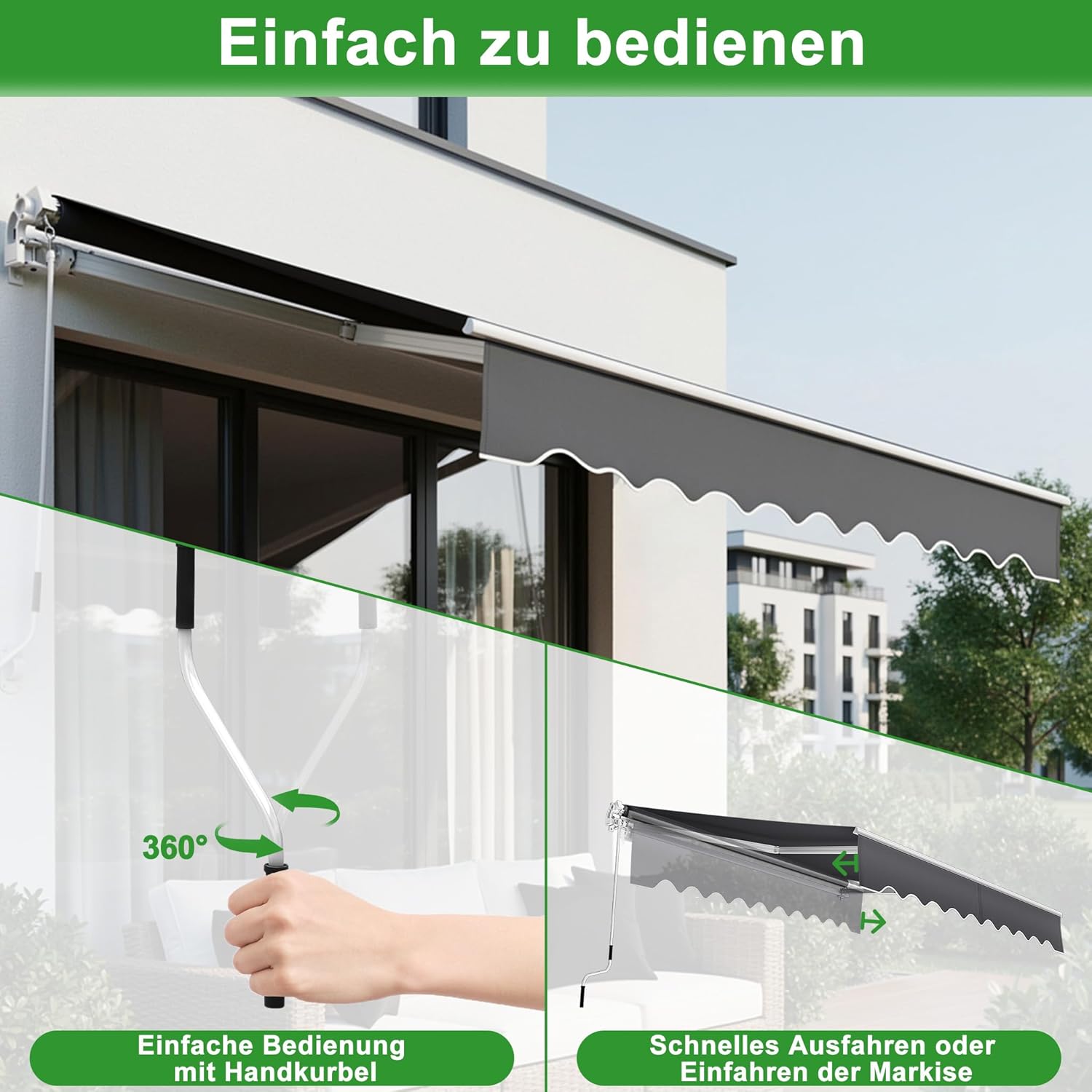 HENGMEI Balcony Awning with Crank Handle Sun Protection for Patios, Balconies (400 x 300 cm)