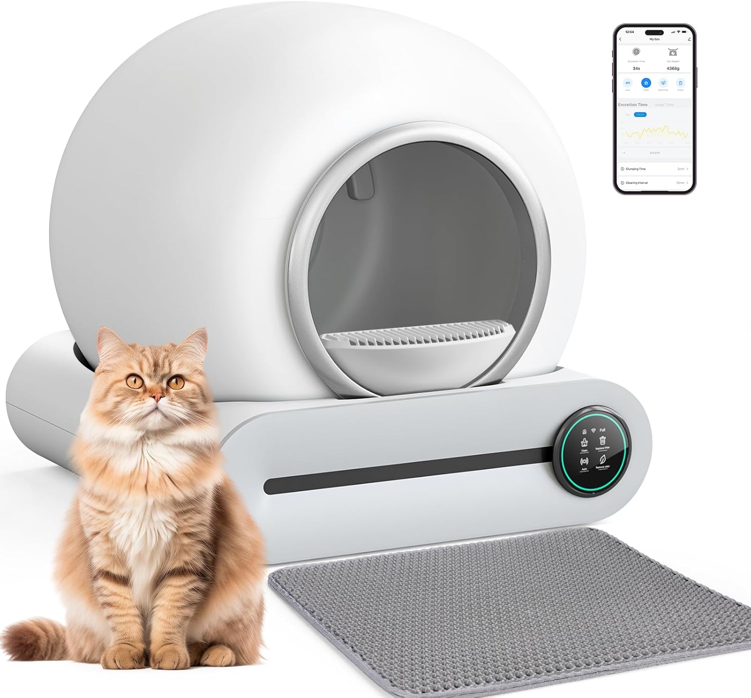 Selbstreinigende Katzentoilette, Automatische Katzentoilette mit Matte und Einlagen, 65 l + 9 l große Kapazität, Selbstreinigende Katzentoilette, App-Steuerung/Geeignet für mehrere Katzen – Grau
