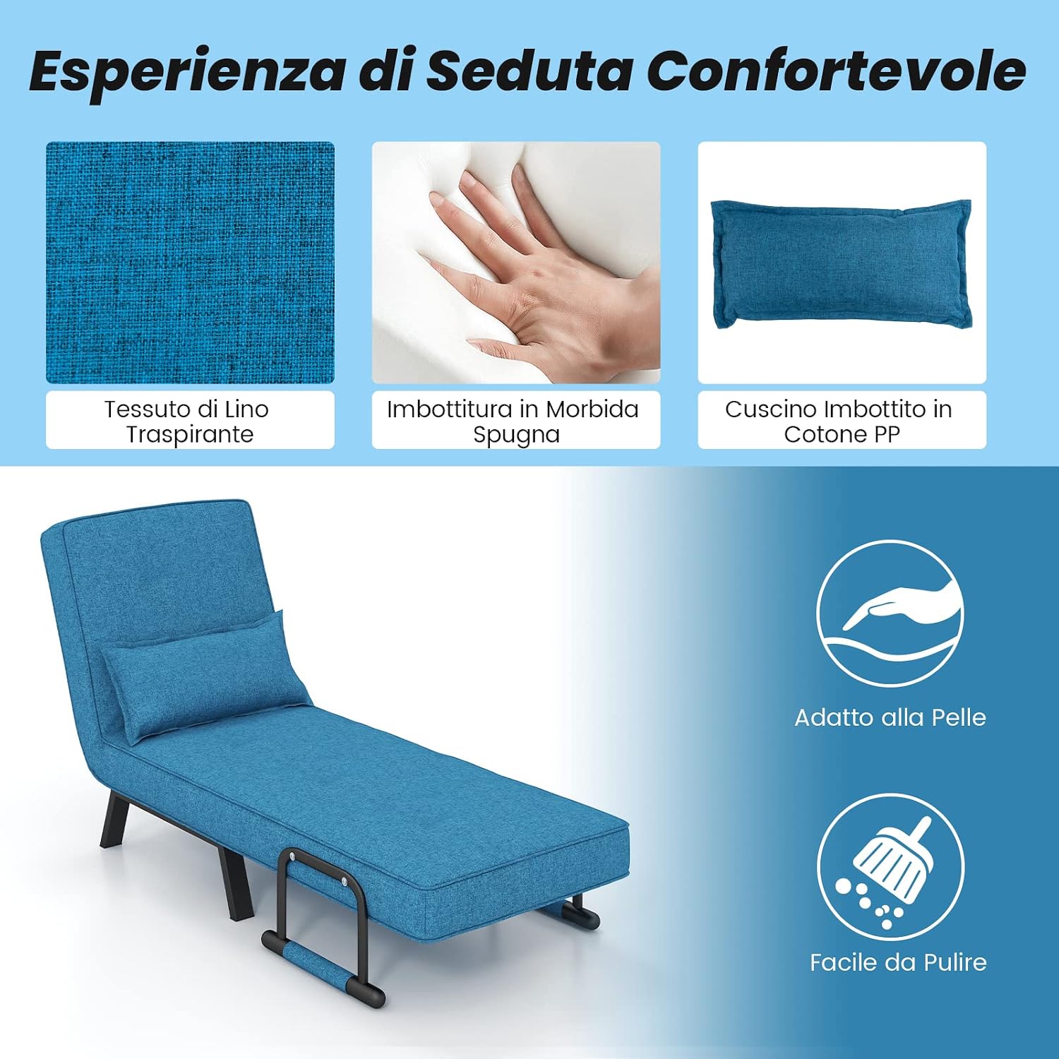 COSTWAY Poltrona Letto, 4 in 1 Poltroncina Pieghevole con Schienale Regolabile in 6 Posizioni, Sedile Imbottito Robusto, Divano Letto Singolo per Casa Ufficio, 79x65x79 cm (Blu)