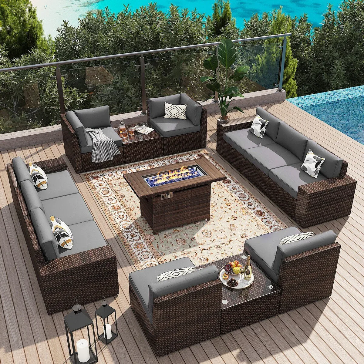 13 Pieces Patio Furniture Set with 44Fire Pit Table