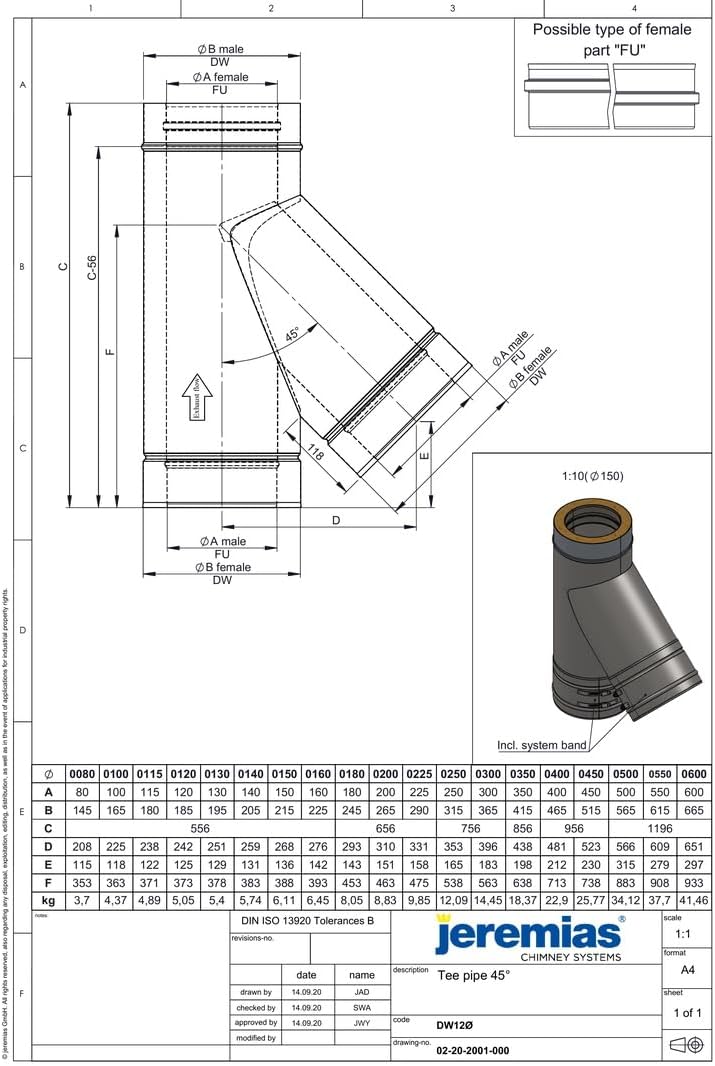 Jeremias DW-FU 80mm T-Anschluss 45 Grad mit Wassernase Doppelwand Edelstahl Abgassystem CE-zertifiziert für Öl Gas Festbrennstofffeuerstätten