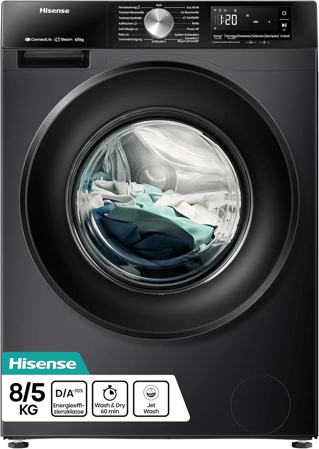 Hinsense WD3S8043BB3 WaschtrocknerConnectLife 16 Programme 8 KG, 54 Liter 1400 UminDampffunktionJetWashAnti-Allergie ProgramAuto ProgramwashSteam