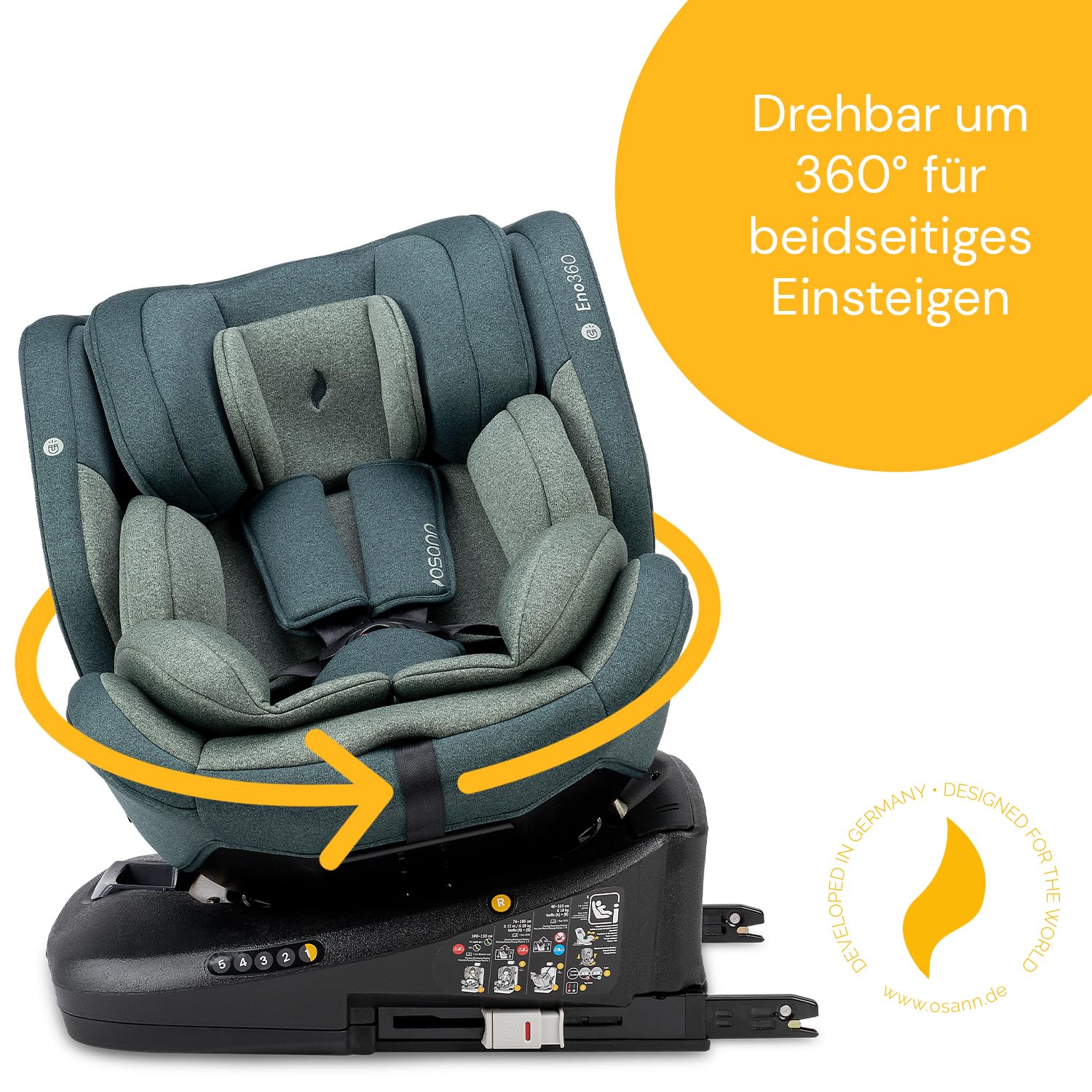 Osann Eno360 i-Size, drehbarer Kindersitz 40-150 cm, Reboarder mit Isofix, Baby Autositz – All Black
