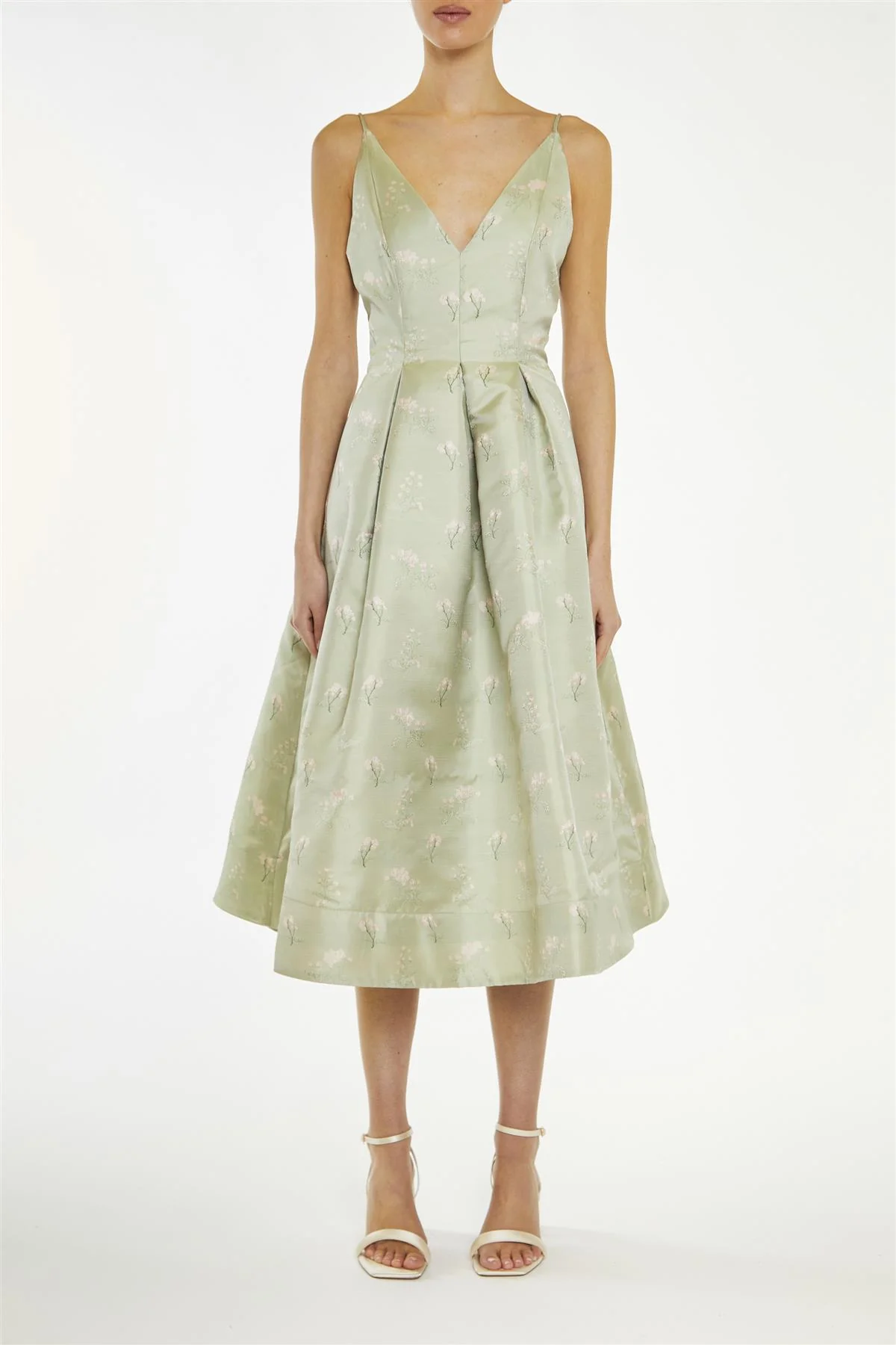 Estella Green Floral-Jacquard Cami Skater Midi-Dress