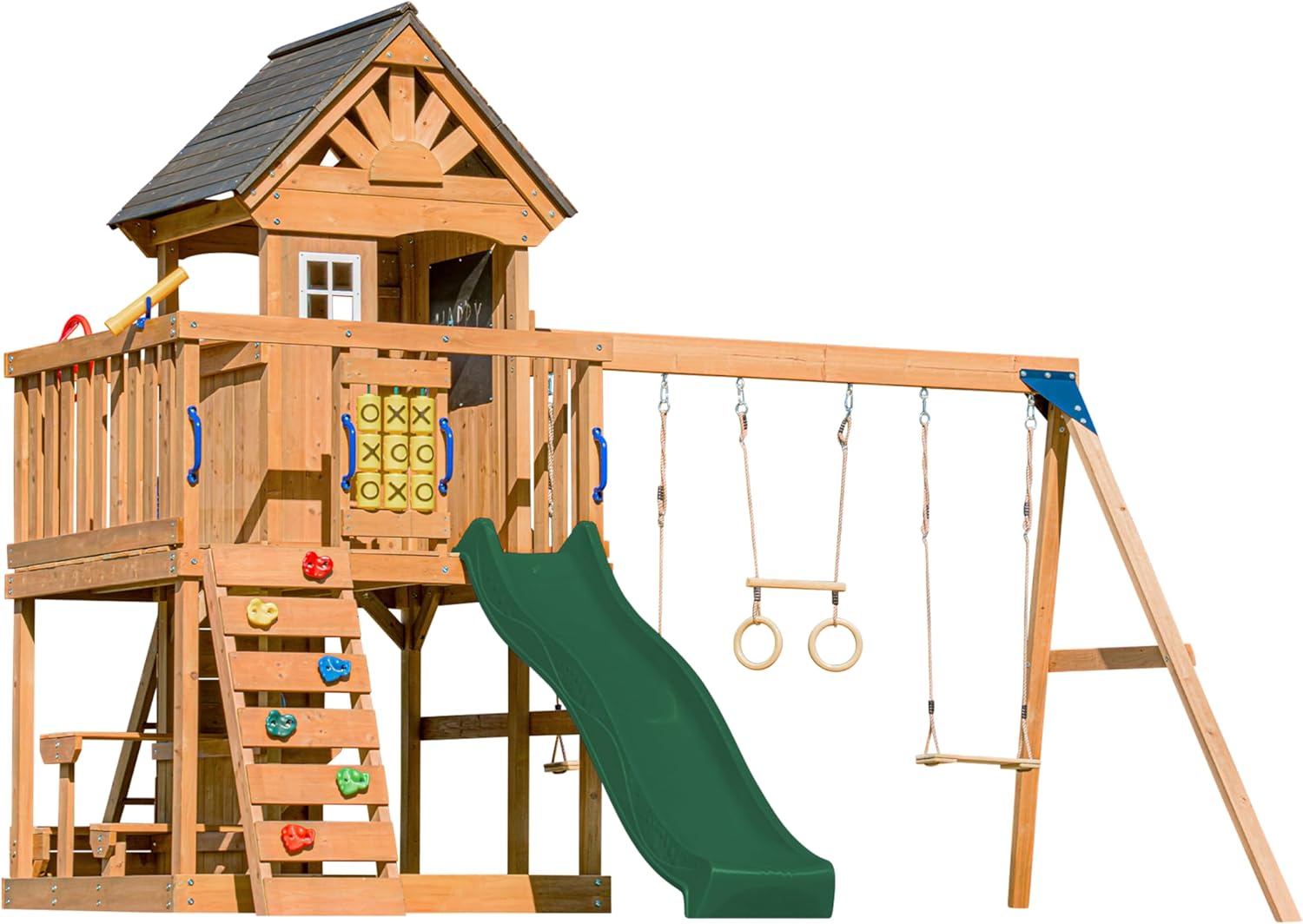 AXI Jack Casetta per Bambini in Legno con 2 Altalene, Scivolo Verde/Parco Giochi all'Aperto, Sabbiera, Trapezio/Parete di arrampicata | Giochi in Legno per Esterni