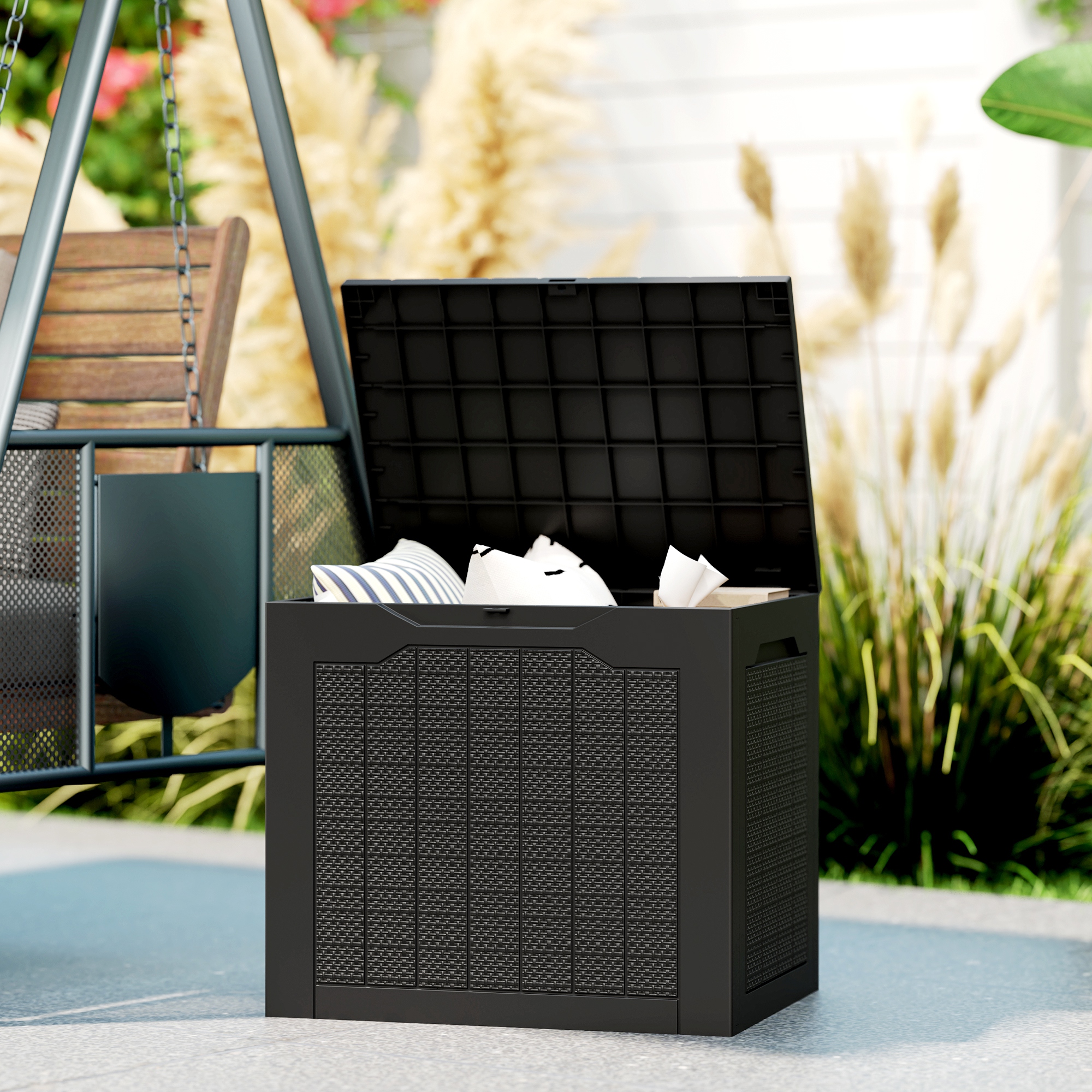 Outsunny Gartenaufbewahrungsbox 93L mit eingelassenen Griffen, wasserdichte Außenbox 56 x 41 x 50 cm, Schwarz