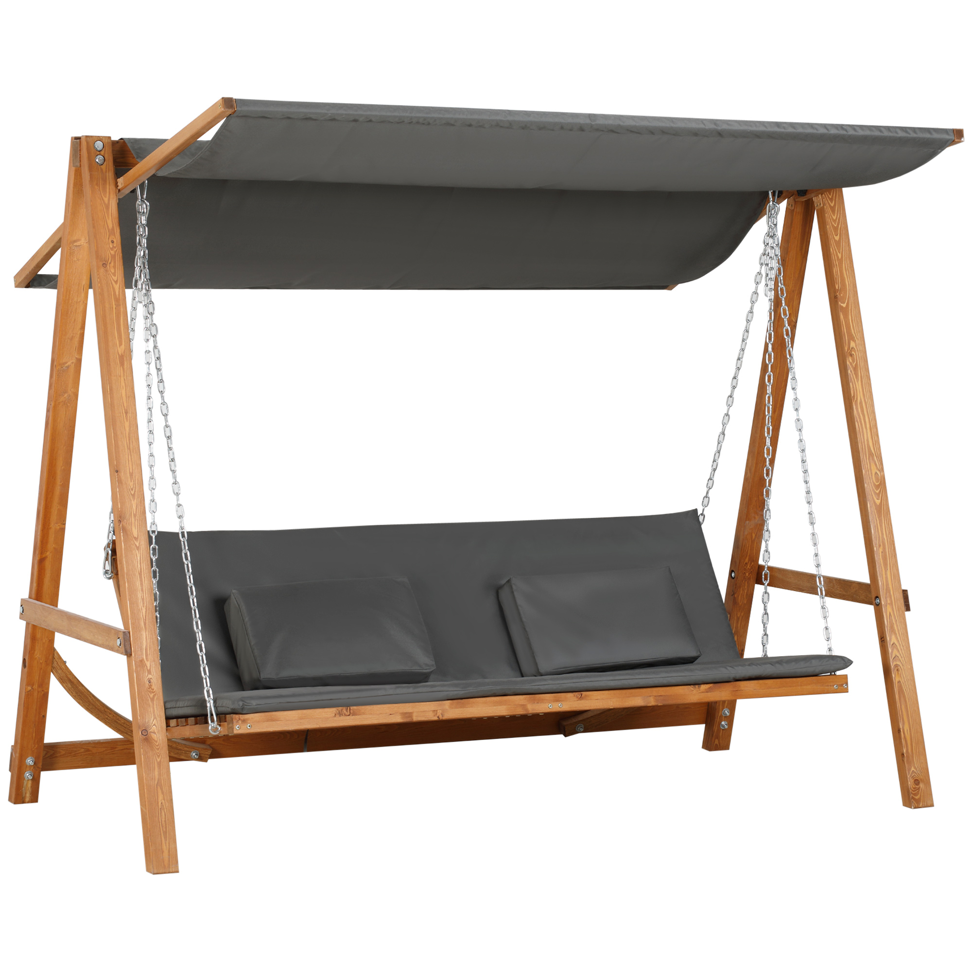 Outsunny Hollywoodschaukel mit Bettfunktion 3-Sitzer Gartenschaukel Holzschaukel mit verstellbarem Sonnendach Schaukelbank belast 250kg Gartenliege für Terrasse, 225,5 x 113 x 180 cm Grau+Teak