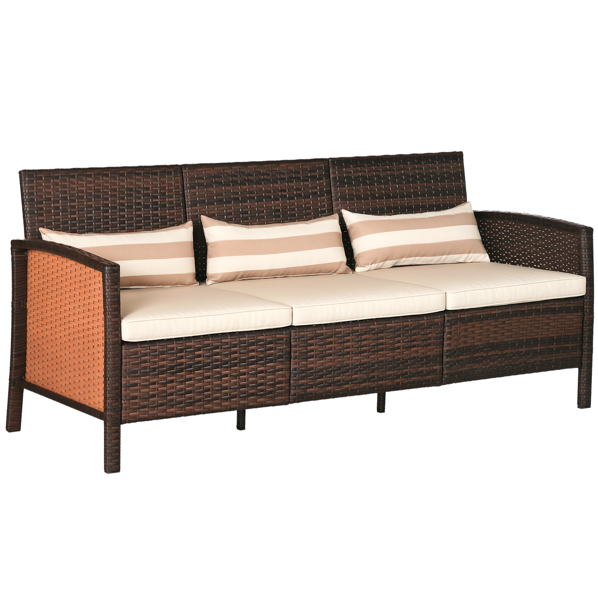 Outsunny Rattan Sofa mit Kissen, Dreisitzer, Garten Loungesofa, Stahl, Braun, 173 x 68 x 78 cm