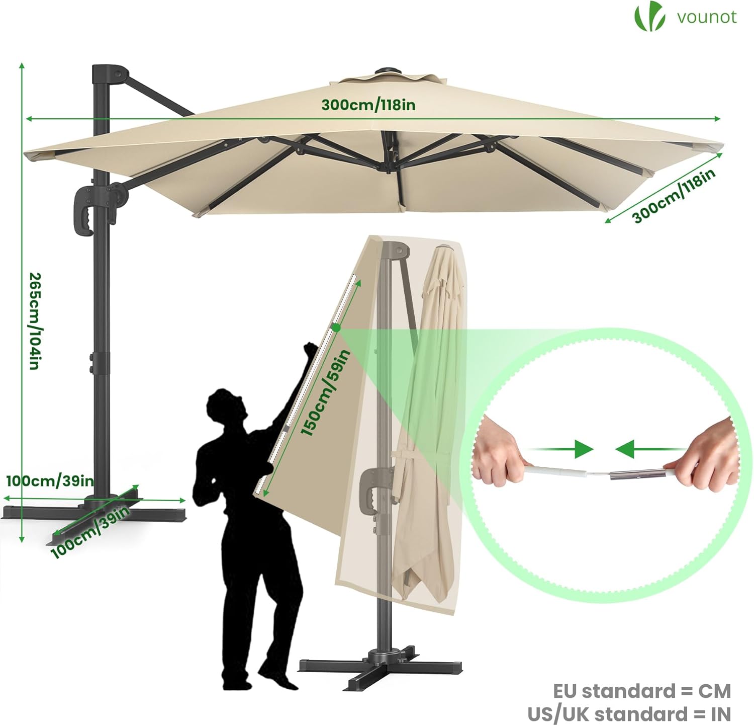 VOUNOT® Ombrellone Decentrato da Giardino 3x3M, Inclinabile a 6 Posizioni, Rotazione a 360°, Telo Impermeabile Anti-UV in Poliestere con 8 Stecche, per Esterno, Terrazzo e Piscina, Beige Scuro