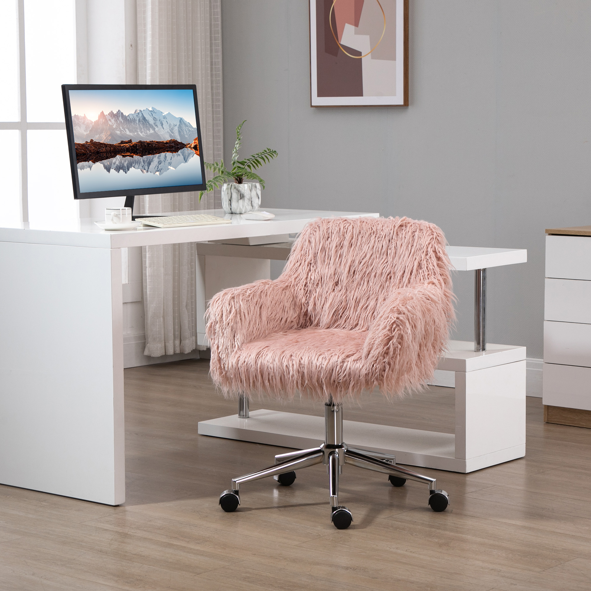 Vinsetto Chefsessel Drehstuhl Computerstuhl Schminkstuhl mit Kunstfell Sitzhöhenverstellung für Mädchen Kunstpelz Schaumstoff Rosa+Silber 57 x 60 x 75-85 cm