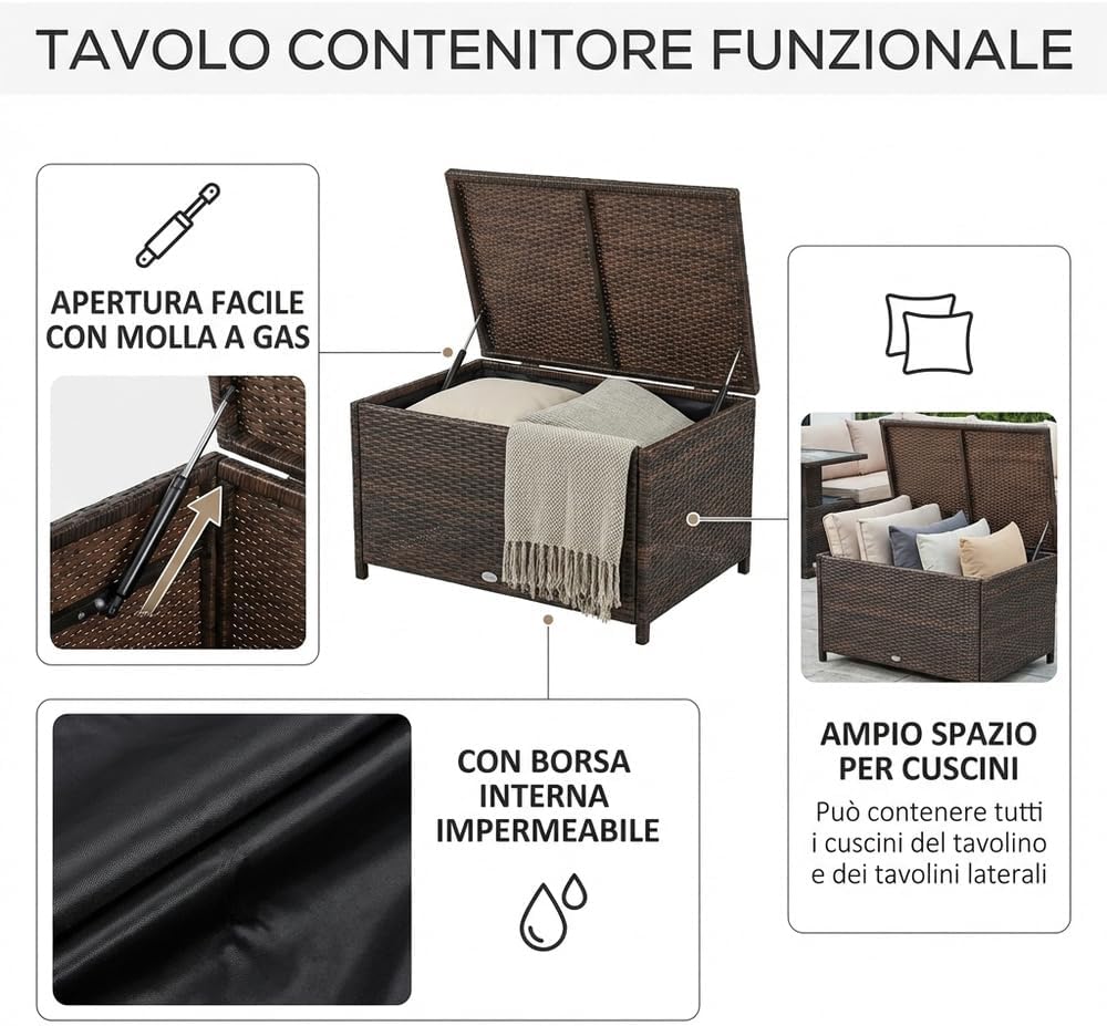 Salotto da Giardino Esterno Set Mobili 2 Divani 2 Poltrone e Tavolino con Cuscini in Rattan Pe Marrone Arancione