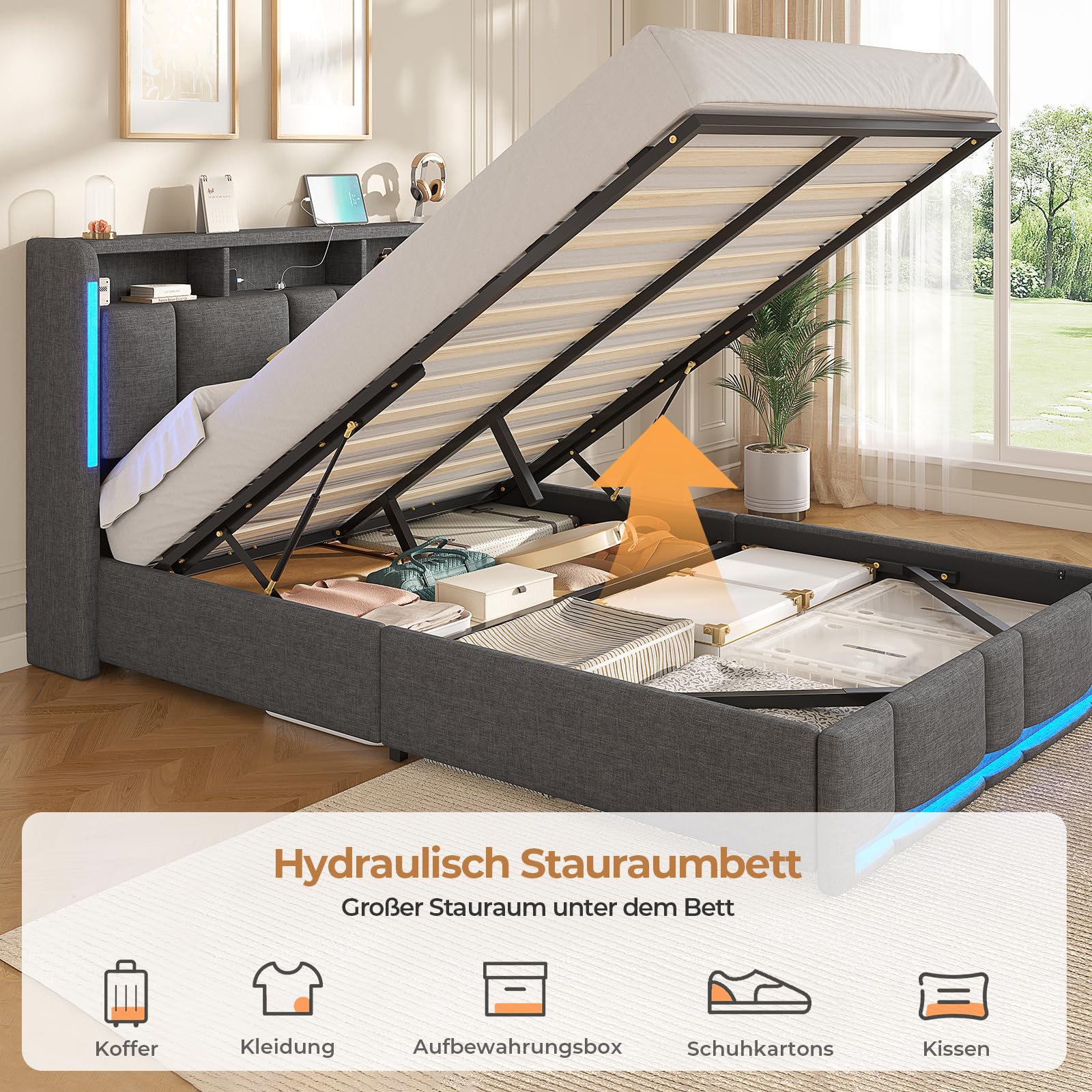 Polsterbett 140x200 cm mit Bettkasten LED-Beleuchtung USB-Anschlüssen und hydraulischem Stauraum Dunkelgrau