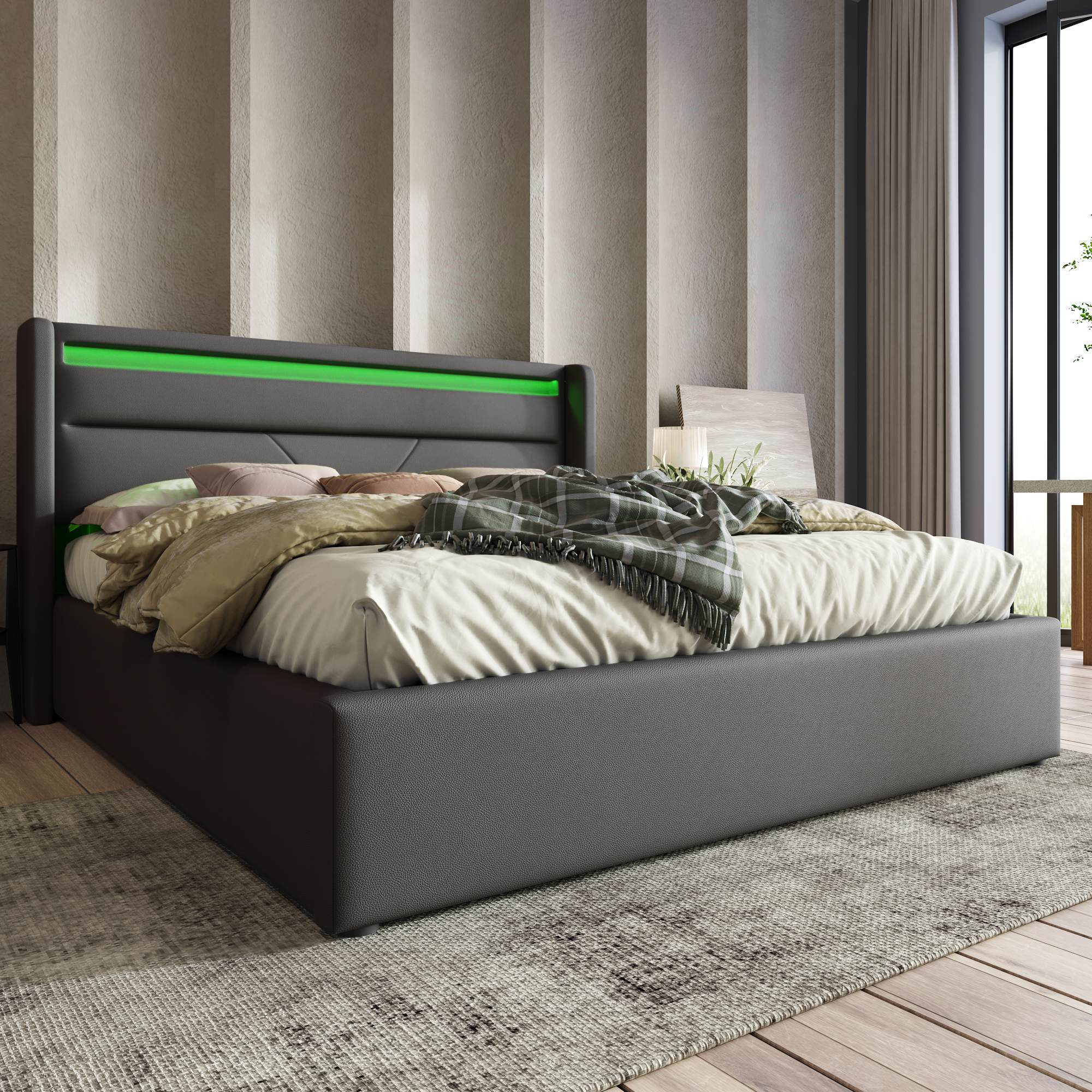 Hydraulisches Doppelbett mit LED und Fernbedienung, Gepolstertes Gestell mit Stauraum 140x200 cm, Grau