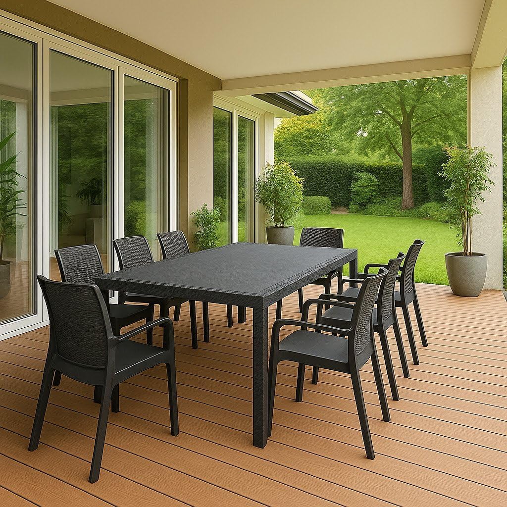 Dmora - Manarola Outdoor Living Room Set, Outdoor Sitting Room, Extendable Rectangular Table with 8 Chairs with Armrests, Made in Italy, Anthracite
