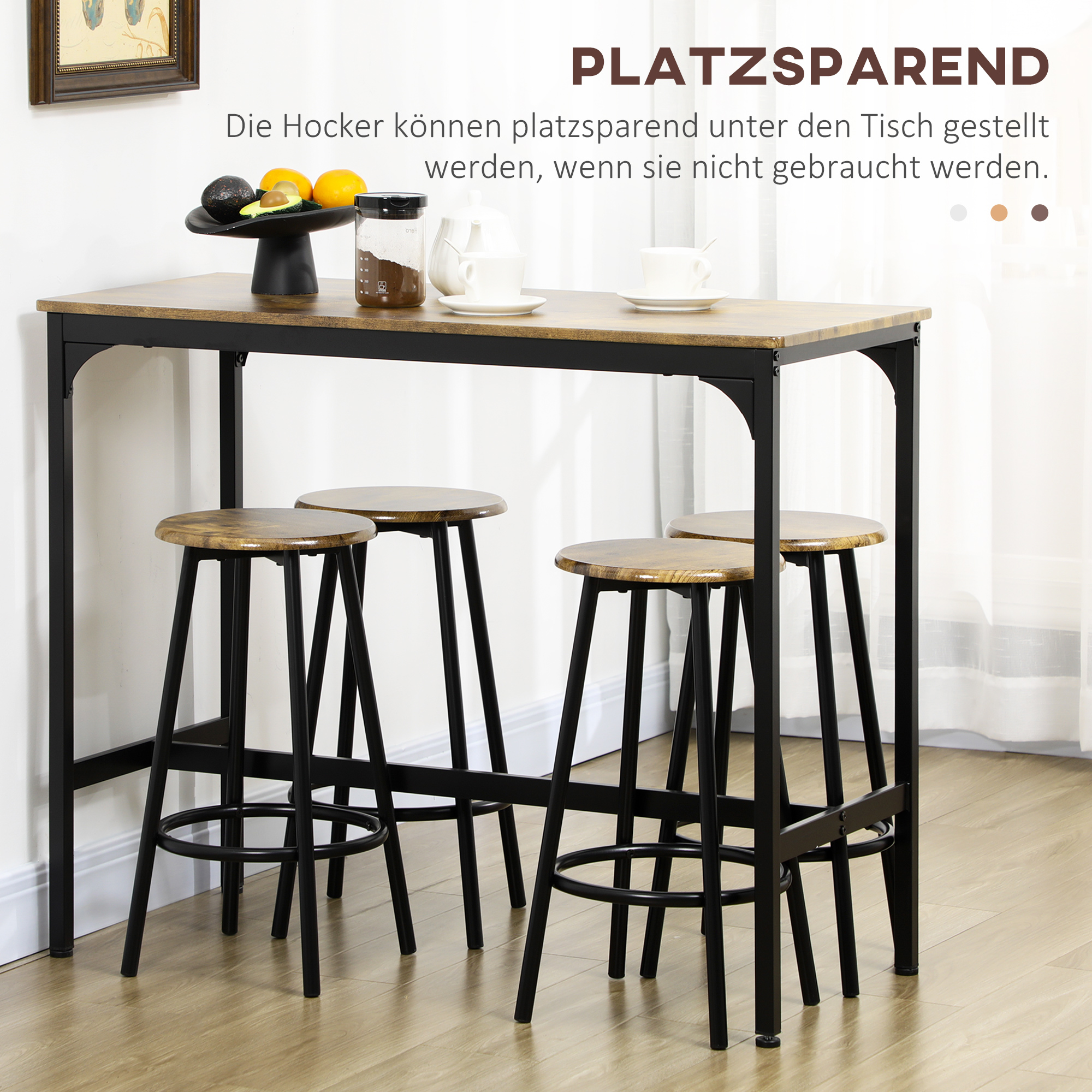 5-delig. Bartafelset met industrieel design, 1 bartafel, 4 barkrukken, bankstel, aanrecht, zwart+bruin