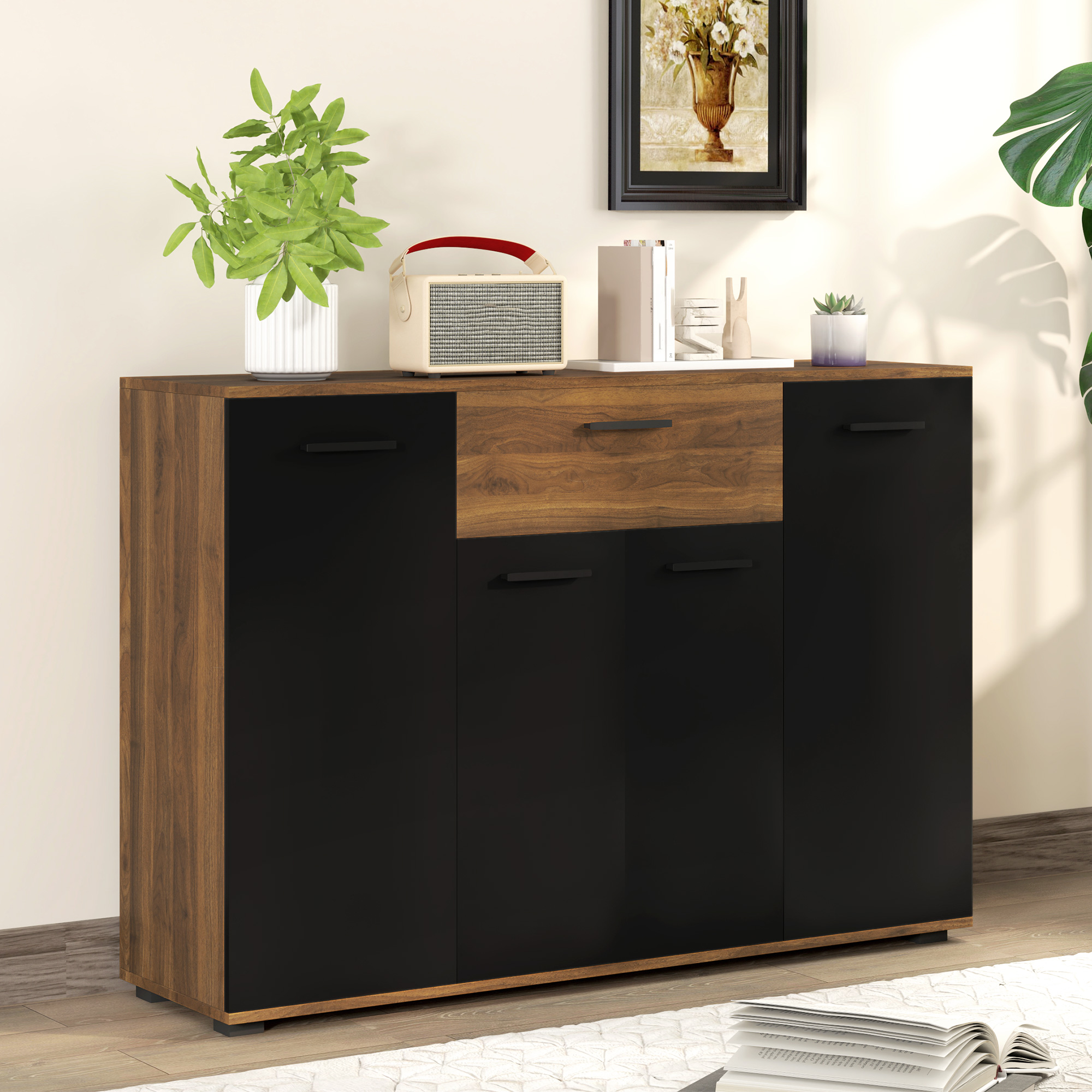 HOMCOM Buffet Wohnzimmerschrank Aufbewahrungsmöbel mit 4 Schränken, Schubladen und verstellbaren Regalen, Maße 120 x 35 x 85 cm, Braun und Schwarz