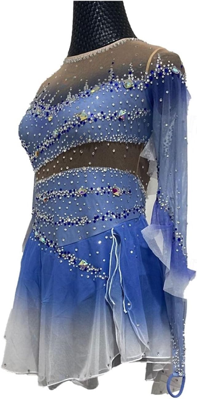 purpleq Professionelles Eiskunstlauf Wettkampf Kleid Gradient Langärmliges Eislauf Performance Kostüm für Mädchen Gymnastik Trikots Activewear Kristall/Strass Rollschuhkleid