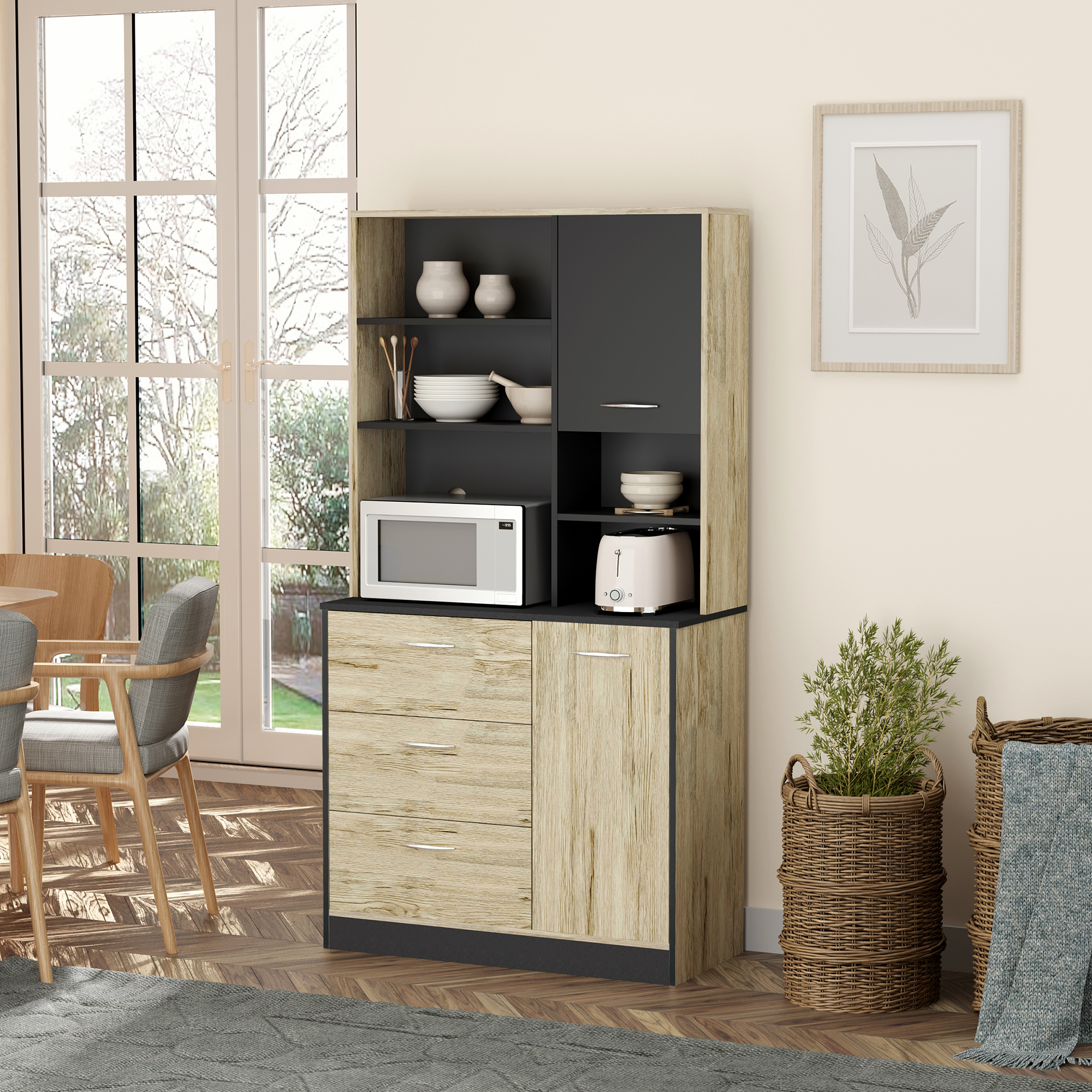 HOMCOM Küchenbuffet Küchenschrank mit vielfältigen Aufbewahrungsmöglichkeiten 2 Türen 3 Schubladen 3 Regale + große Arbeitsplatte 90L x 39B x 169H cm zweifarbig Eiche Grau
