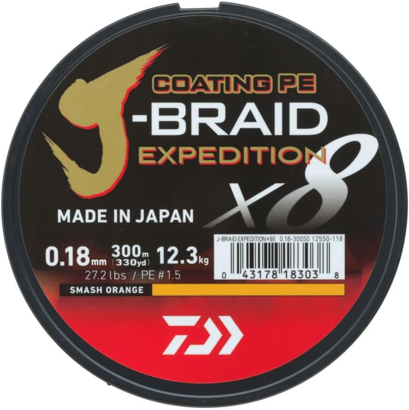 DAIWA J-Braid Expedition X8E, 0,13mm, 8,4kg/18,5lbs, 3000m, Smash Orange, Geflochtene Angelschnur, 12550-313