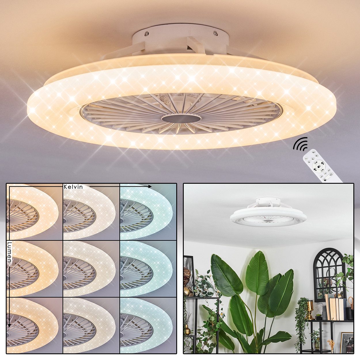 Deckenventilator Ventilator aus Kunststoff in Weiß/Glitzereffekt, moderne Deckenleuchte