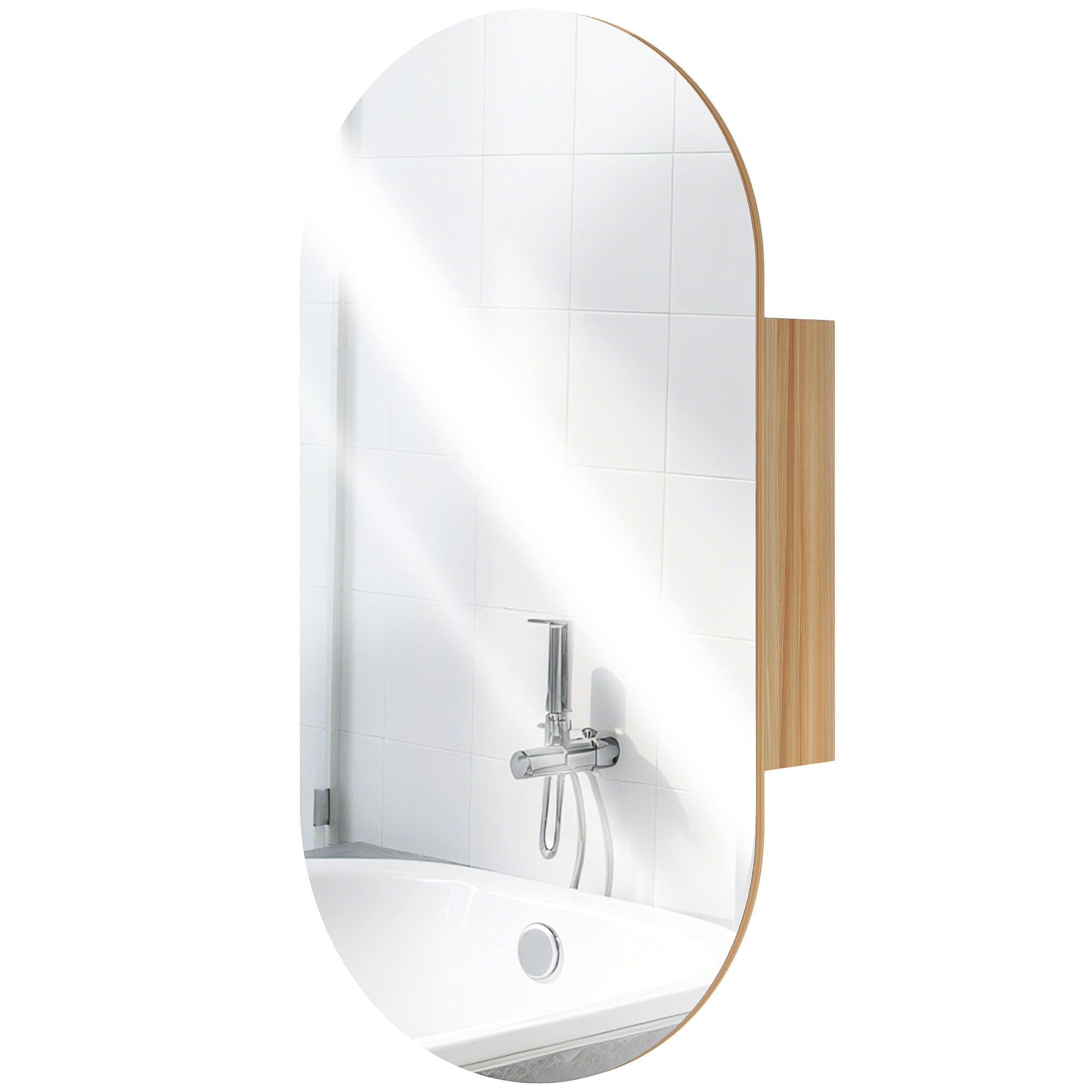 HOMCOM Wandspiegelschrank Badezimmer mit ovalem Spiegel 45 x 90 cm modern rahmenlos Naturholz