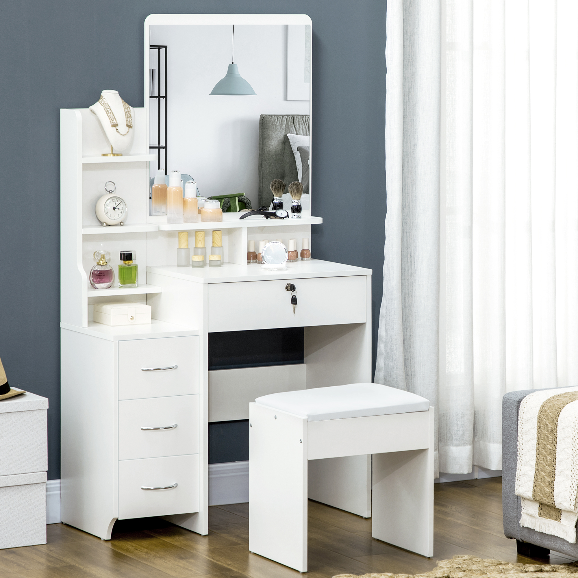 HOMCOM Schminktisch-Set inklusive Hocker, 4 Schubladen, 1 Spiegel, Weiß