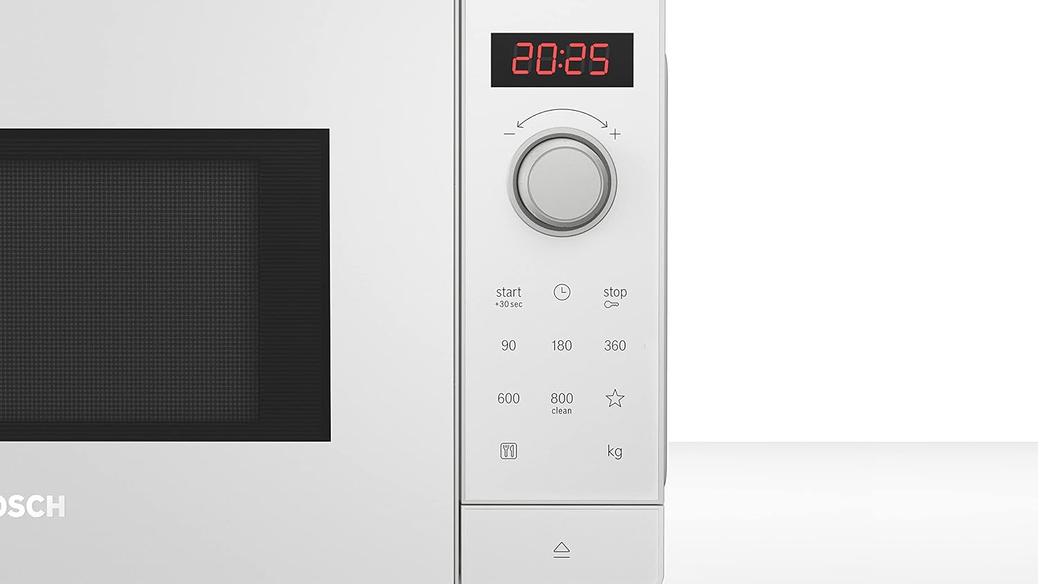 Bosch FFL023MS2 Serie 2 Mikrowelle, 26 x 44 cm, 800 W, Drehteller 27 cm, Türanschlag Links, AutoPilot 7 7 Automatikprogramme, Reinigungsunterstützung, LED-Touchdisplay, Edelstahl