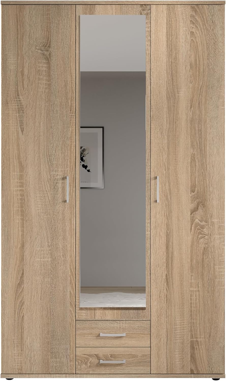 KARL Elegant 3 Door Wardrobe with Large Capacity, Versatile in Sonoma Oak Effect with Mirror Door, 120 x 195 x 55 cm